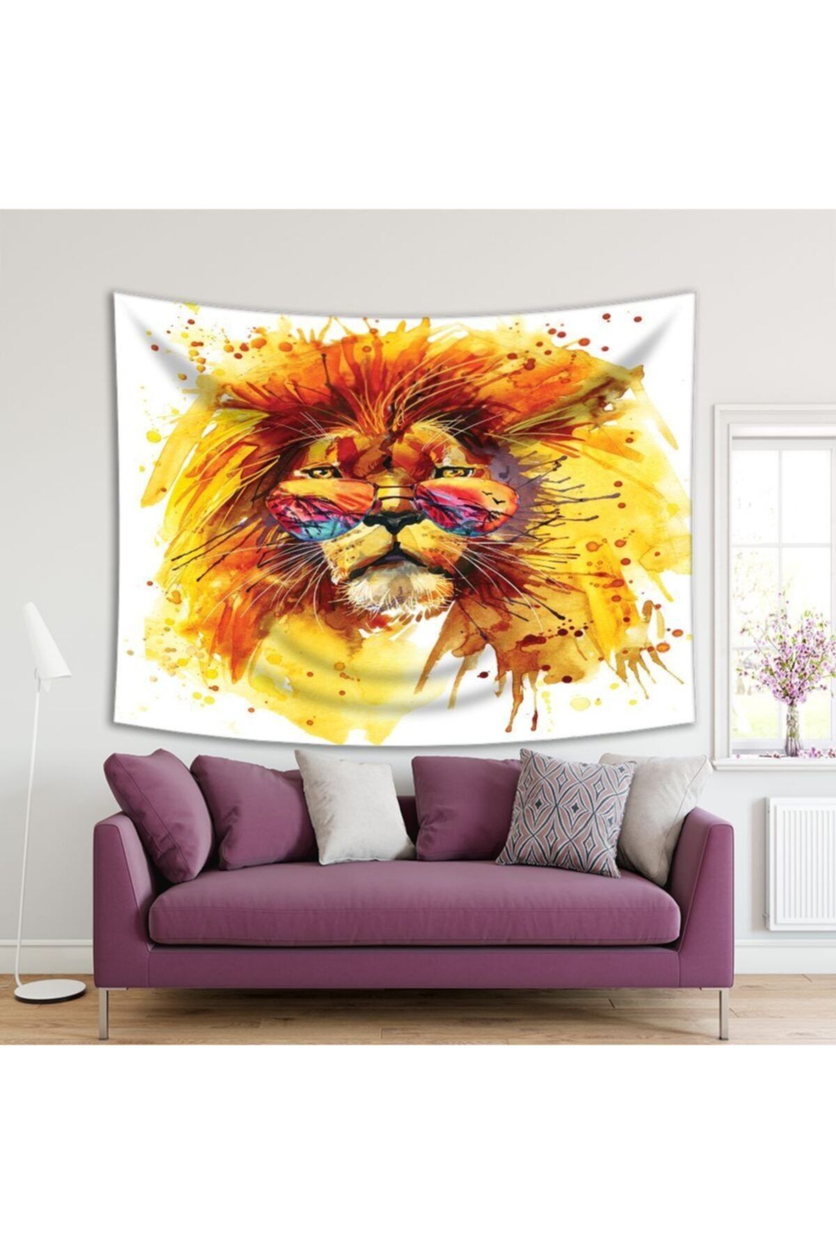 Henge Home Baskılı Duvar Örtüsü Sulu Boya Etkili Aslan Deseni Sarı