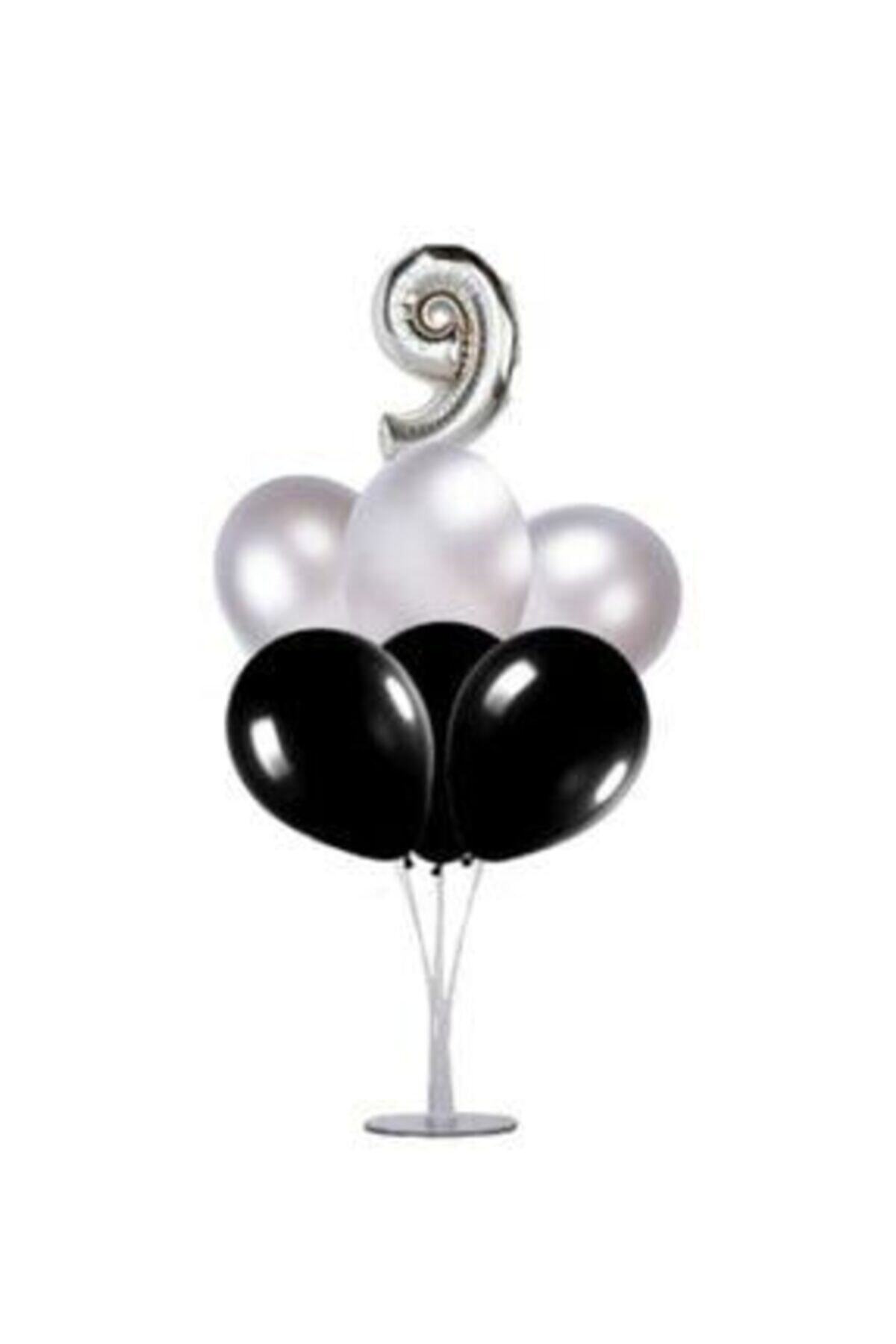 Şeker Adası 9 Yaş Rakam Folyo Balon Gümüş Silver 40 Cm, Balon Stand, 6 Adet Balon, Doğum Günü, Yaşgünü, Parti