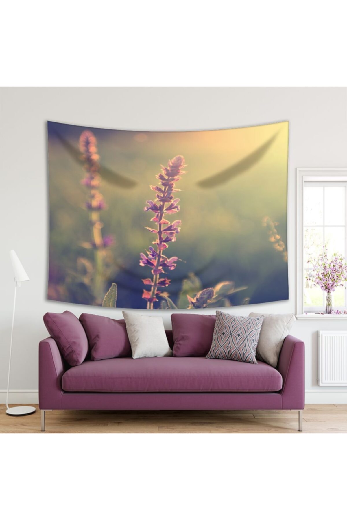 Henge Home Baskılı Duvar Örtüsü Gün Batımı Vahşi Çiçek Deseni