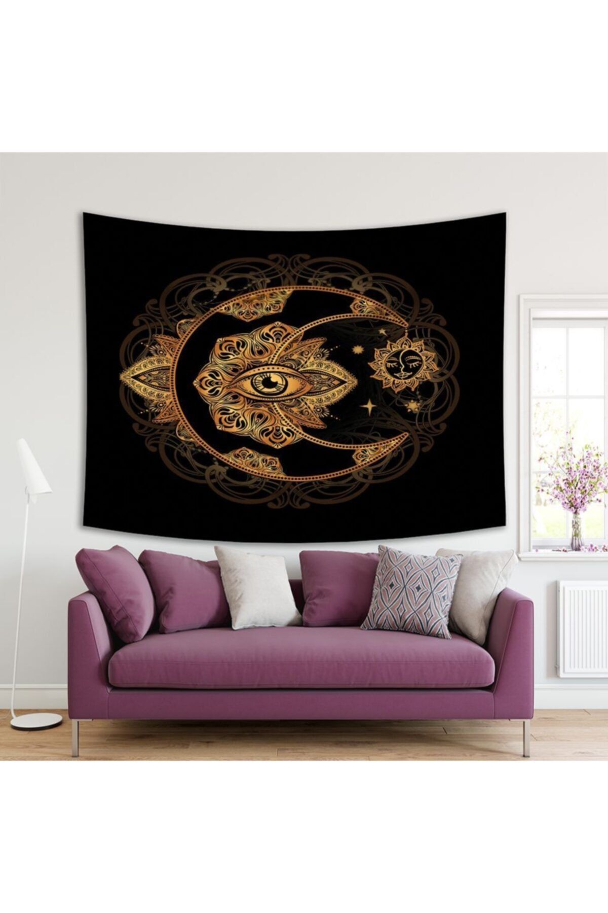 Henge Home Baskılı Duvar Örtüsü Gold Altın Rengi Hilal Desenli Siyah