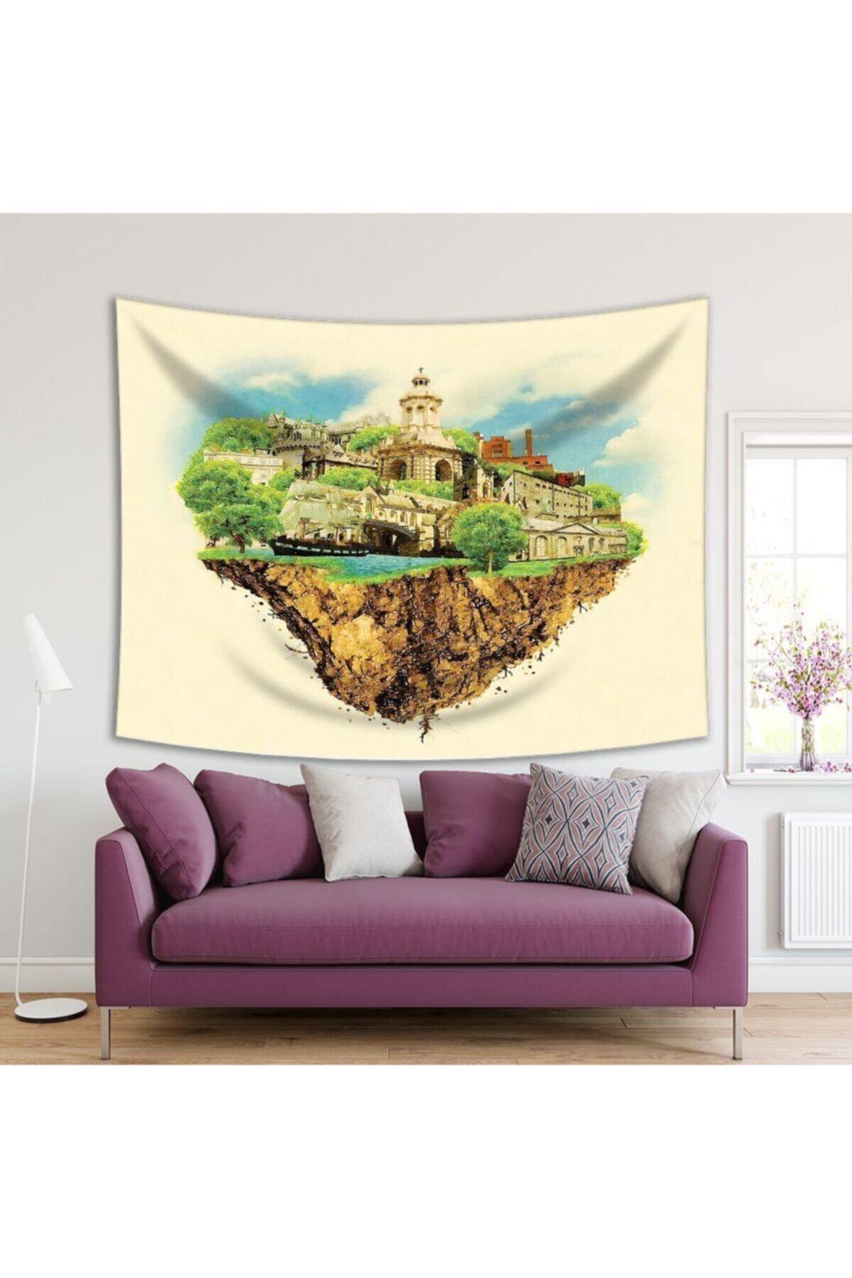 Henge Home Baskılı Duvar Örtüsü Sulu Boya Etkili Deniz Şehir Manzara Deseni