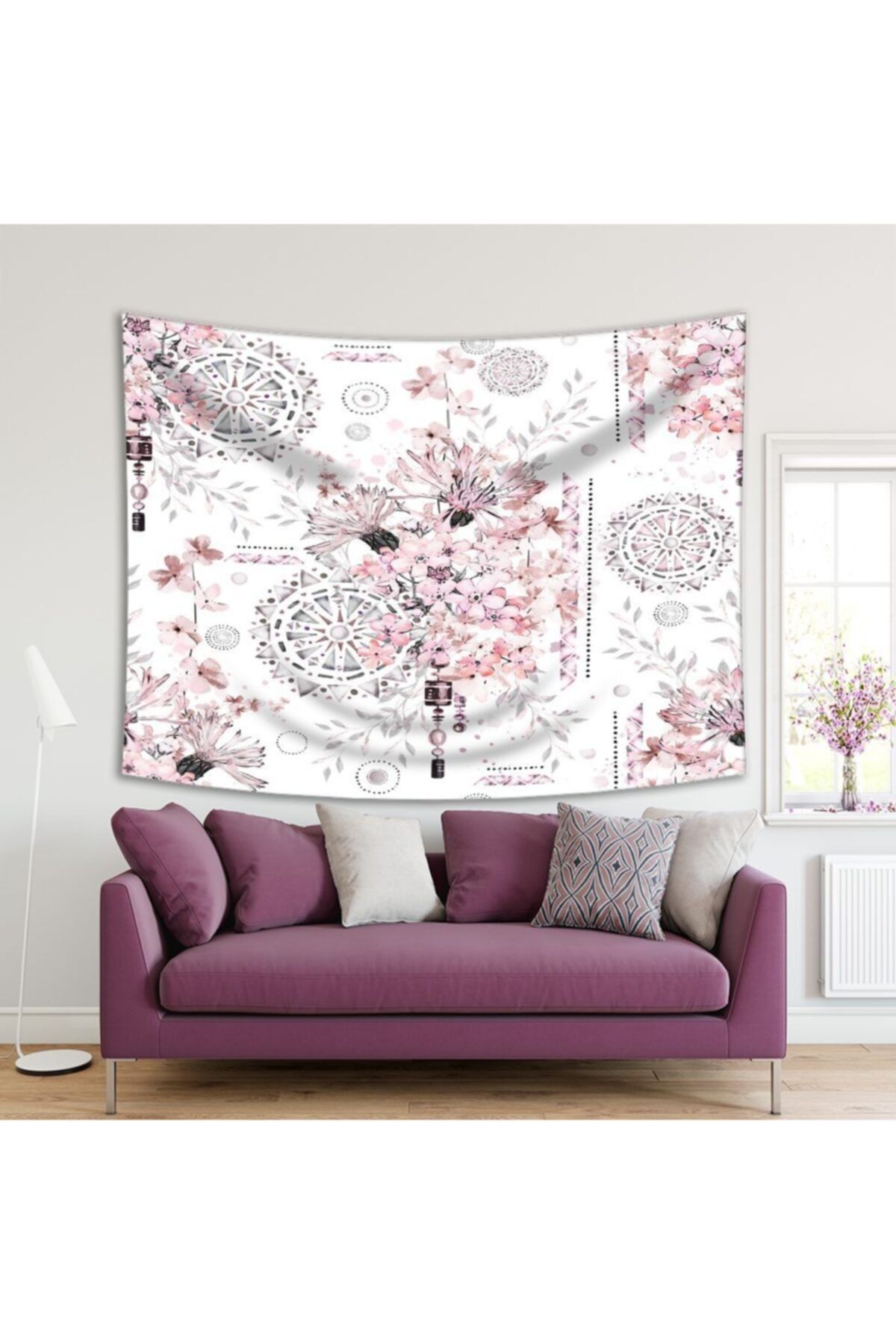 Henge Home Baskılı Duvar Örtüsü Mandala Kır Çiçeği Desenli