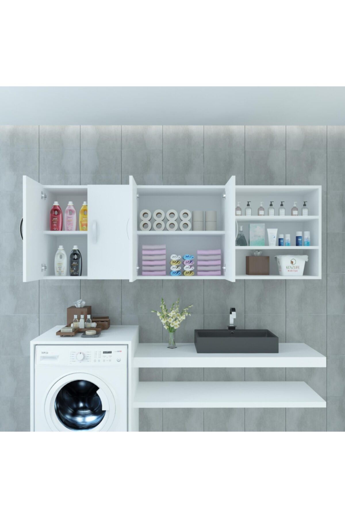 Kenzlife banyo dolabı katya byz 060*150*22 hazır mutfak ofis dolabı kitaplık kapaklı raflı