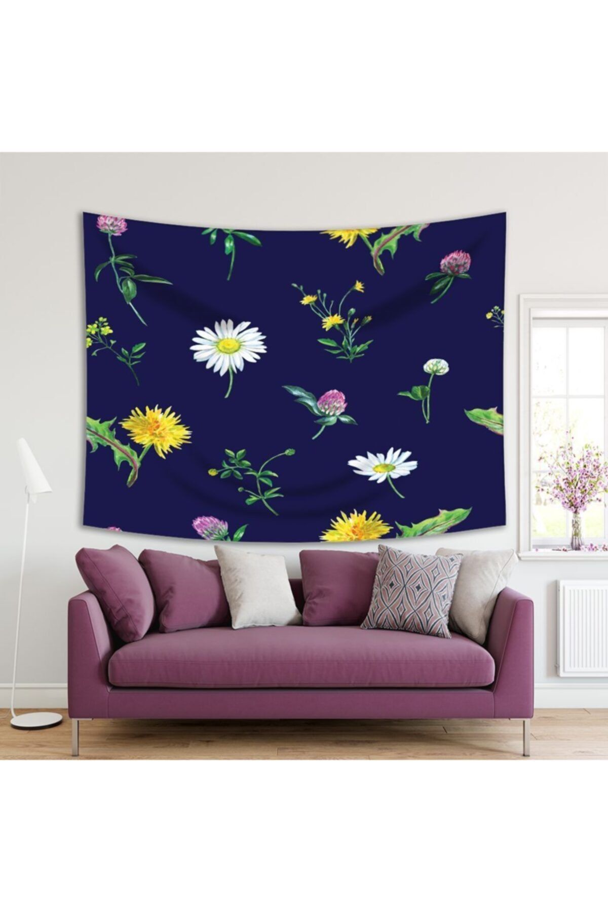 Henge Home Baskılı Duvar Örtüsü Koyu Lacivert Zeminli Kır Çiçek Desenli