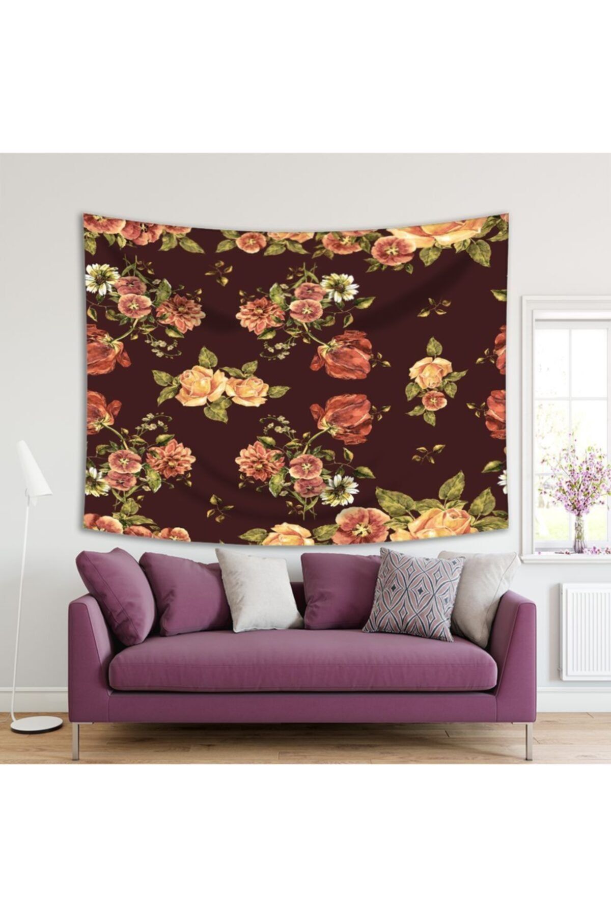 Henge Home Baskılı Duvar Örtüsü Sulu Boya Etkili Lale Çiçek Desenli Bordo