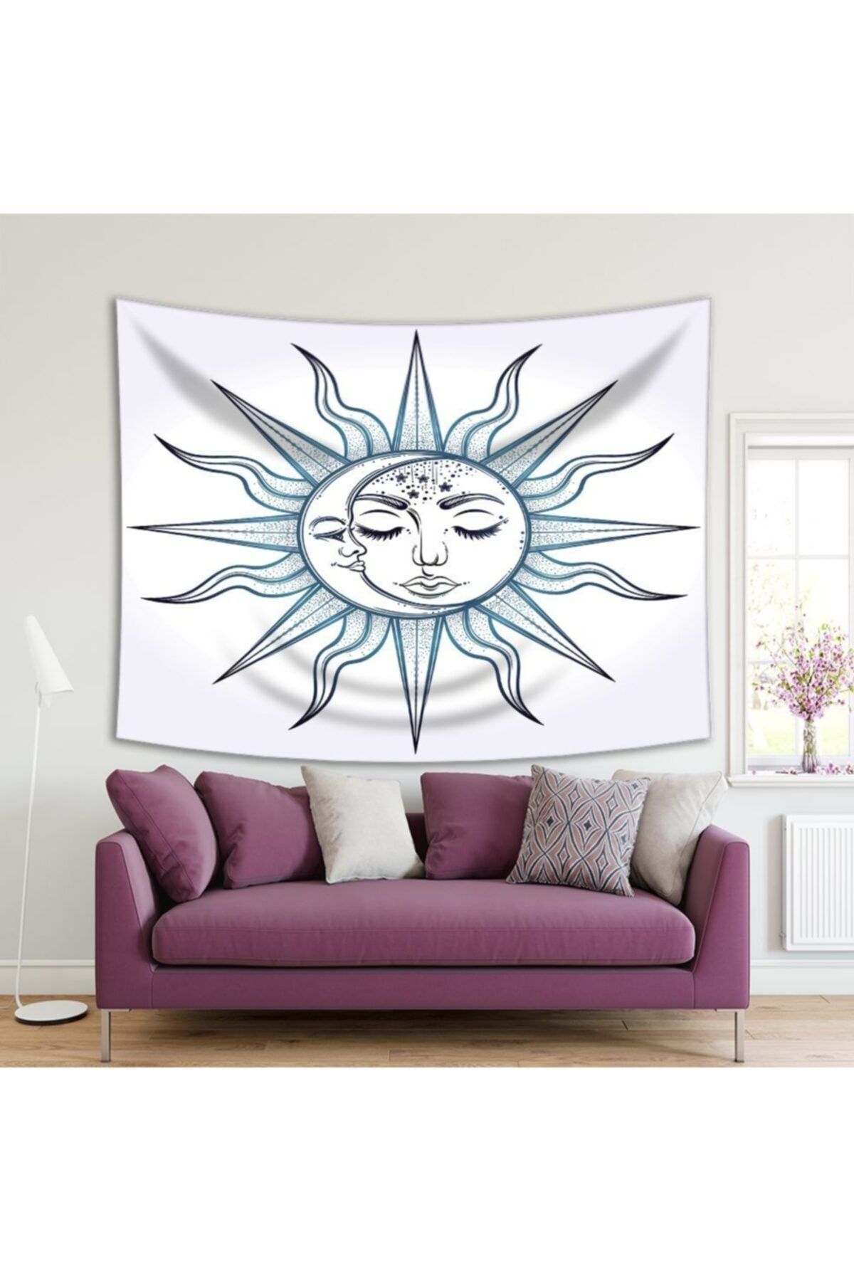 Henge Home Baskılı Duvar Örtüsü Güneş Ve Ay Görüntü Desenli Mavi