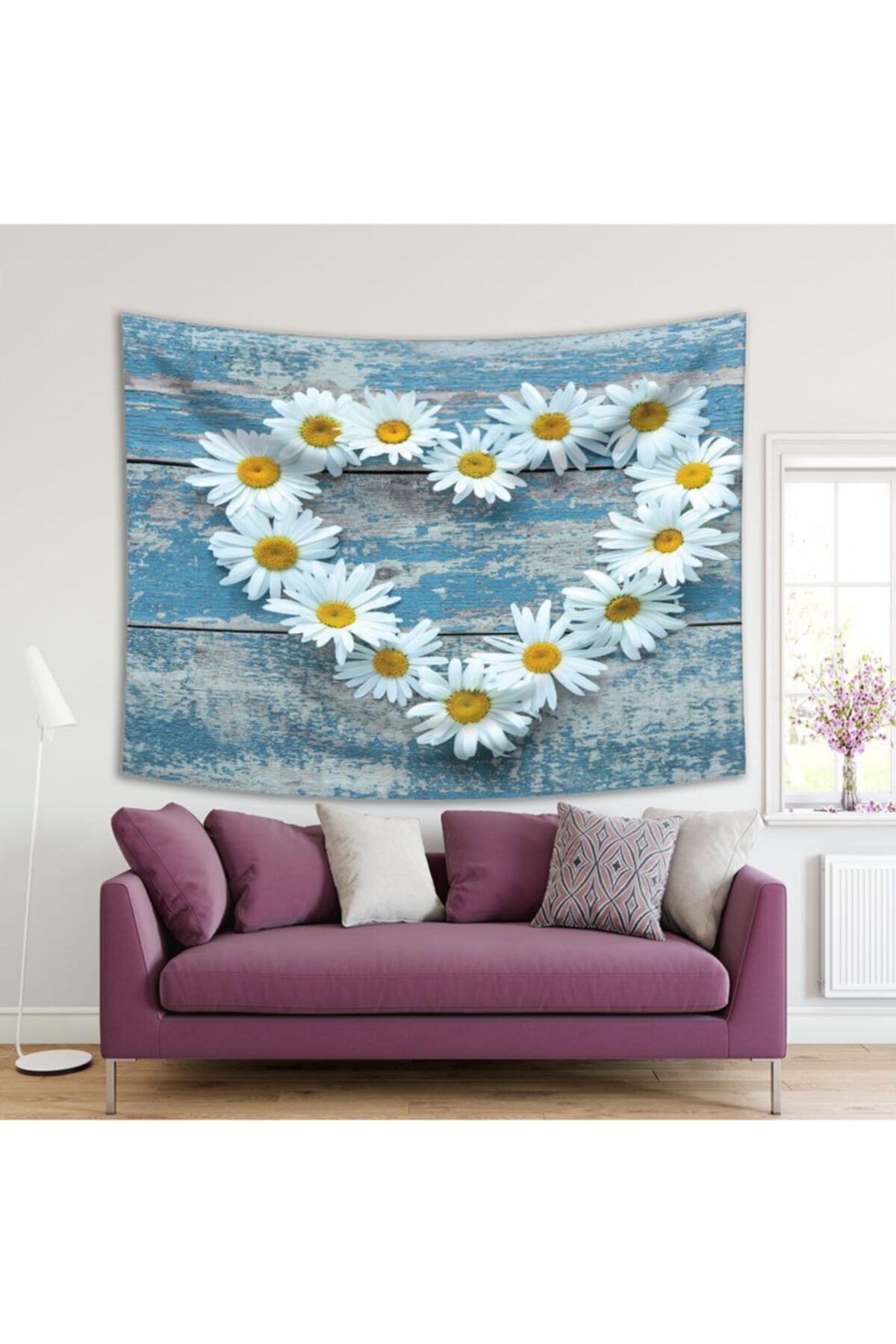Henge Home Baskılı Duvar Örtüsü Mavi Ahşap Masa Kalp Şeklinde Papatya Desen