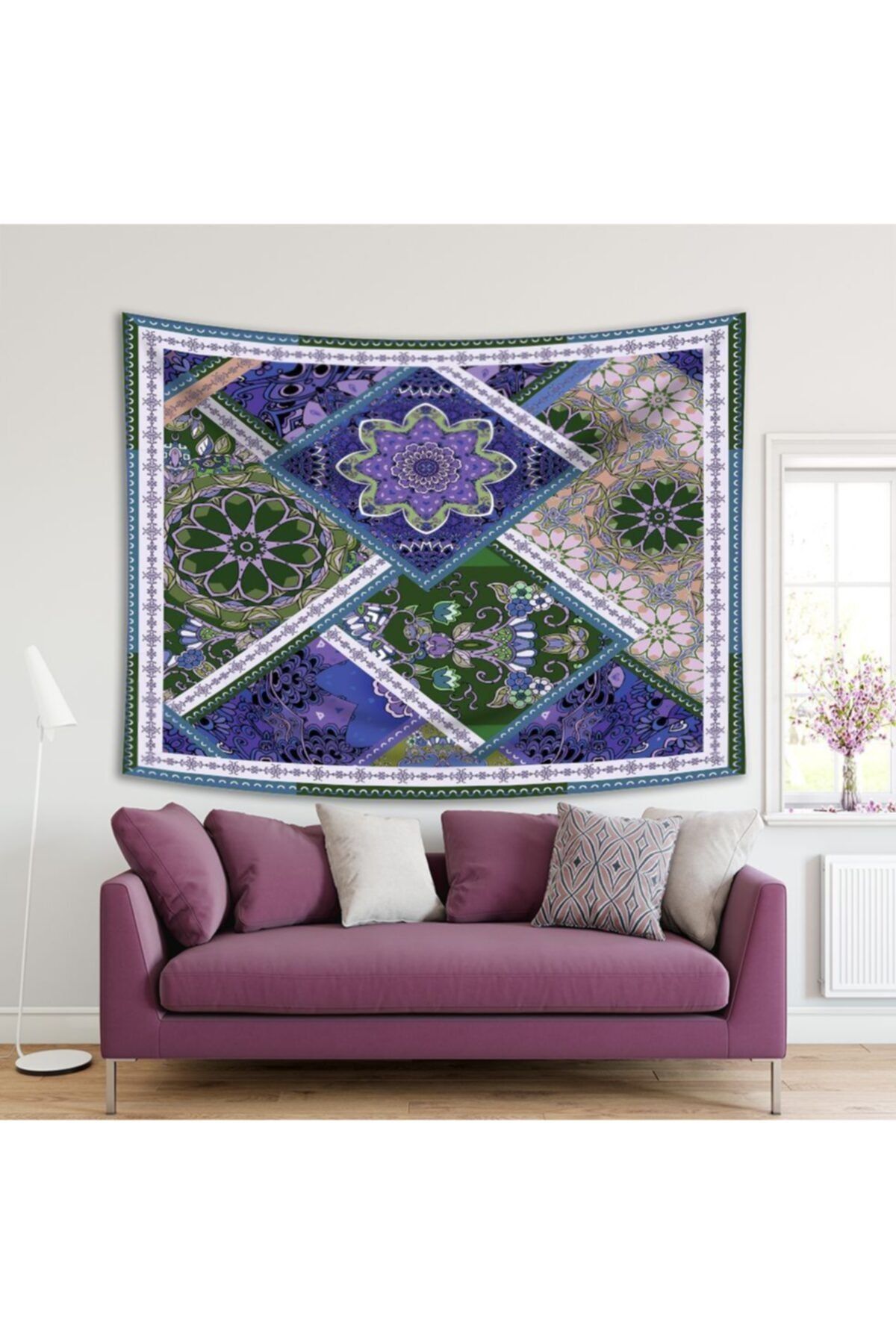 Henge Home Baskılı Duvar Örtüsü Etnik Çiçek Geometrik Desenli Mor Yeşil