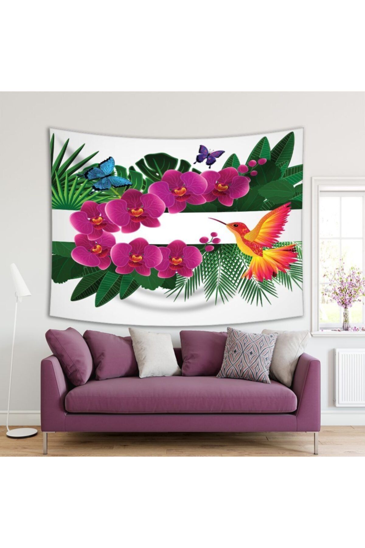Henge Home Baskılı Duvar Örtüsü Tropikal Çiçek Kuş Kelebek Desenli