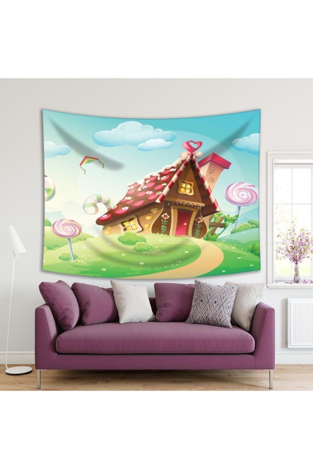 Henge Home Baskılı Duvar Örtüsü Çocuklar İçin Pasta Ev Desenli