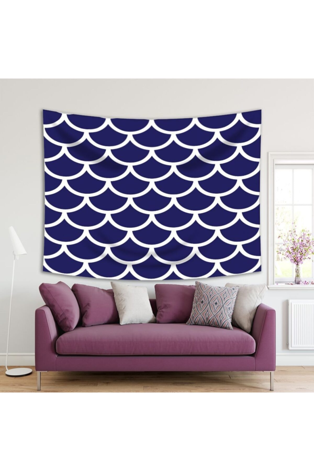 Henge Home Baskılı Duvar Örtüsü Mavi Beyaz Geometrik Desenli