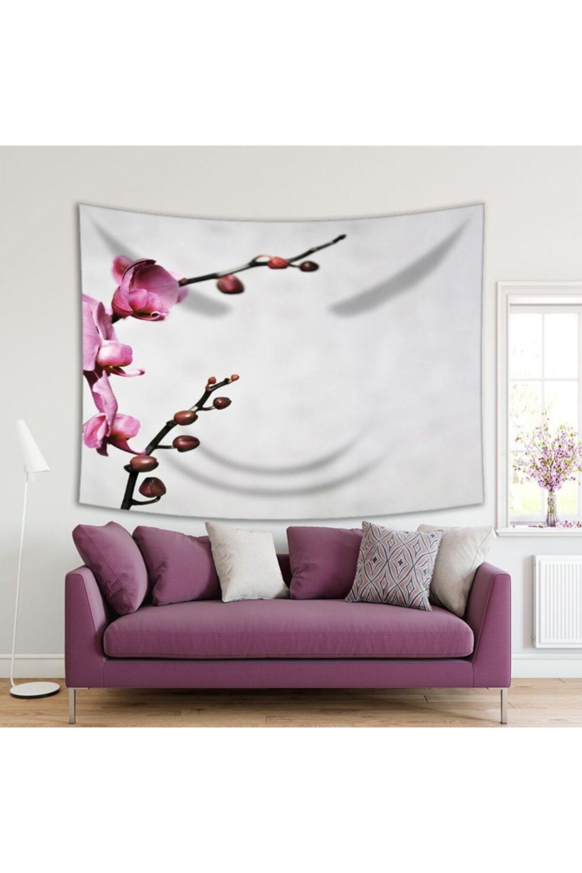 Henge Home Baskılı Duvar Örtüsü Beyaz Zeminli Pembe Orkide Desenli