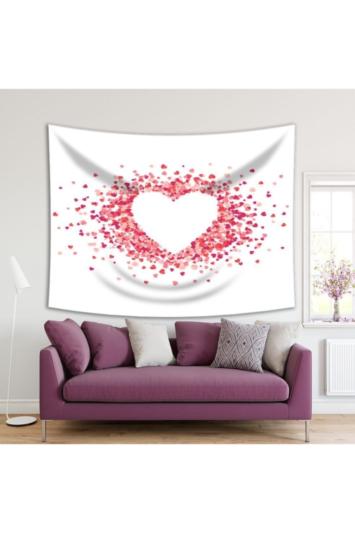 Henge Home Baskılı Duvar Örtüsü Kalp Şekli Pembe Beyaz Desenli