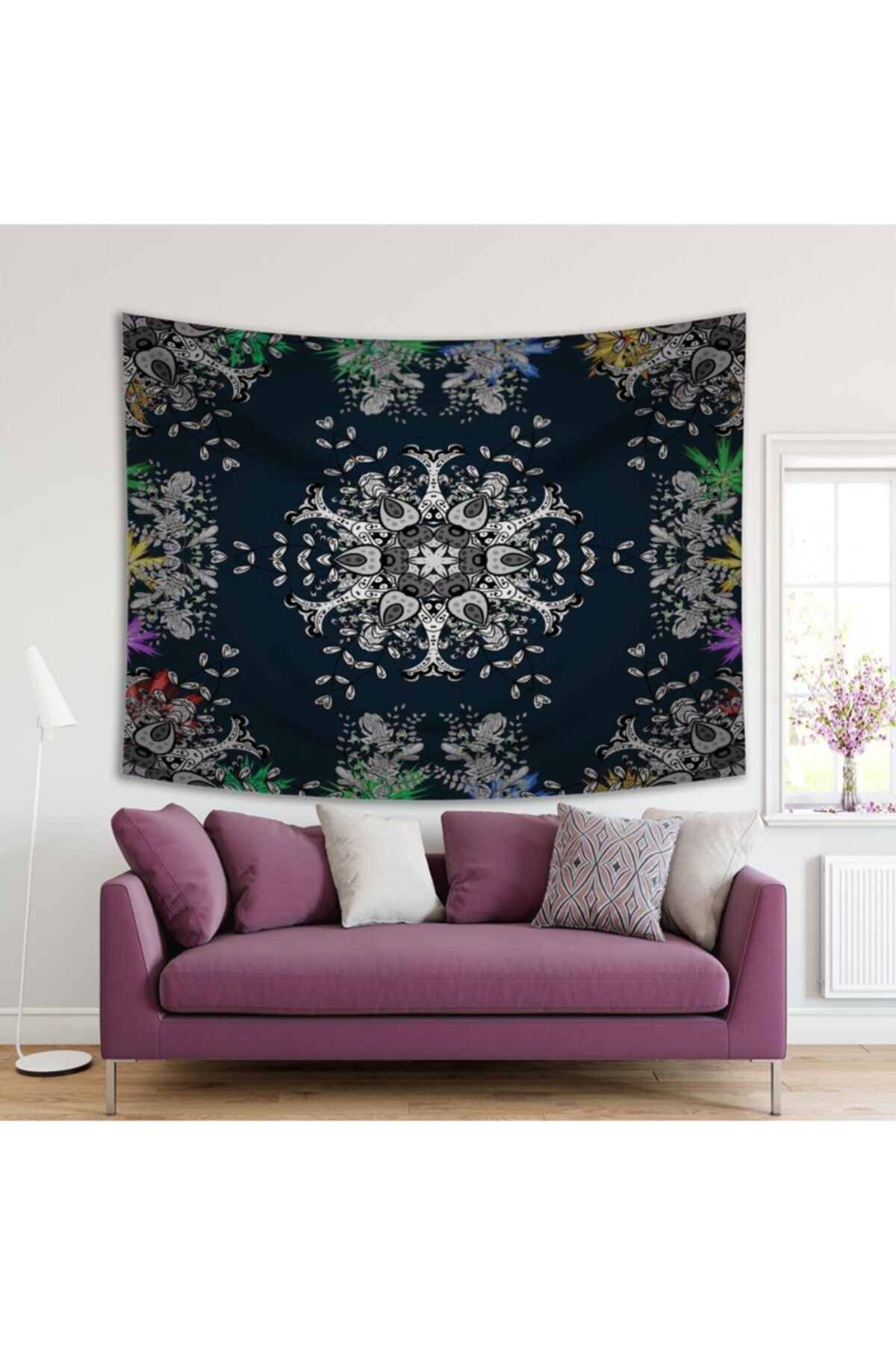 Henge Home Baskılı Duvar Örtüsü Etnik Çiçk Görsel Desenli Çok Renkli