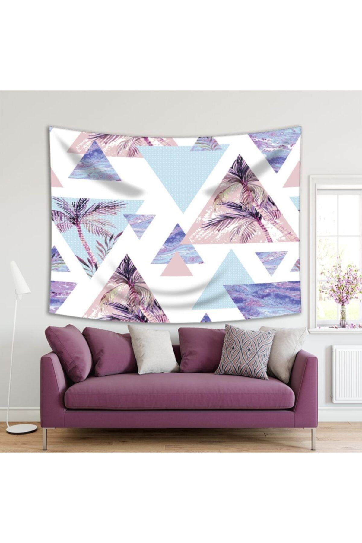 Henge Home Baskılı Duvar Örtüsü Geometrik Palmiye Dal Desenli Mor