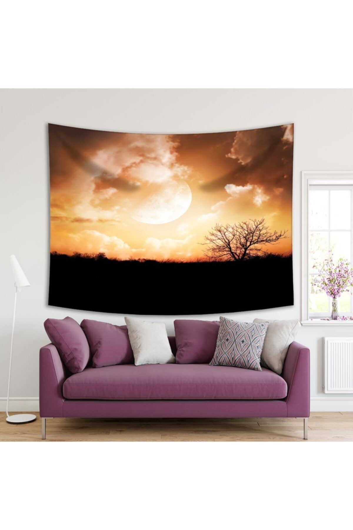 Henge Home Baskılı Duvar Örtüsü Ay Işığı Gece Ağaç Manzara Desenli