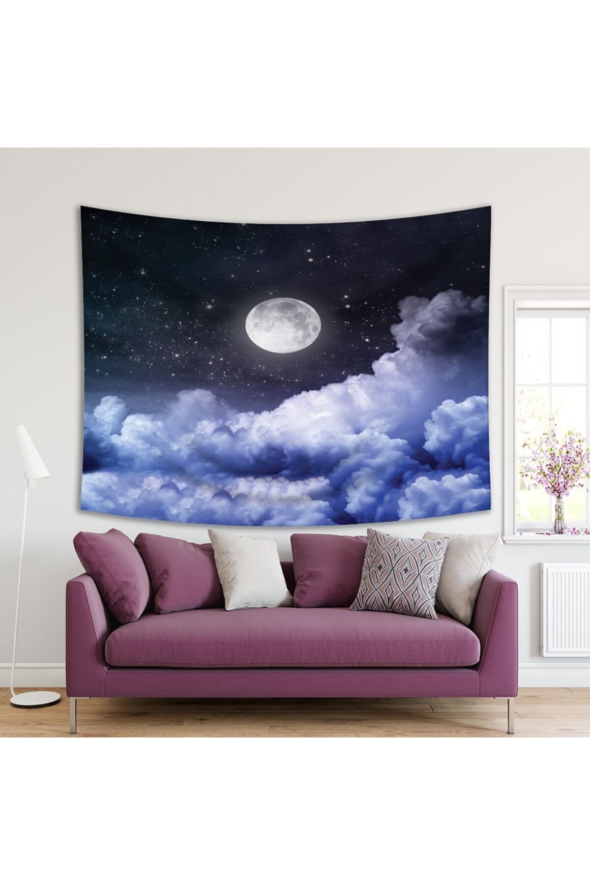 Henge Home Baskılı Duvar Örtüsü Ay Ve Yıldız İle Bulutlu Gece Gökyüzü Desenli