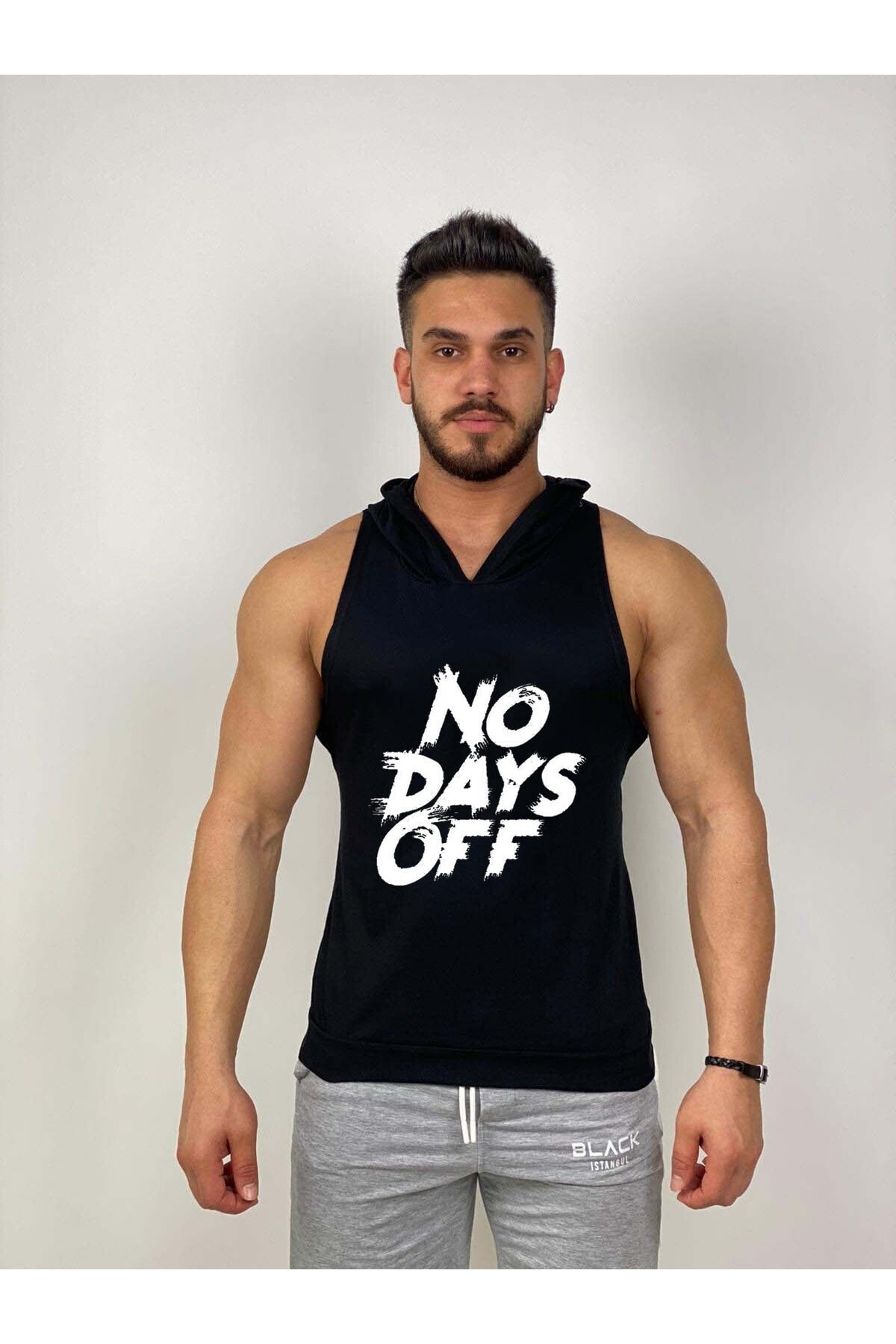 Black İstanbul Black - No Days Of - Tank Top Gym Kapşonlu Hoodie Sporcu Atleti