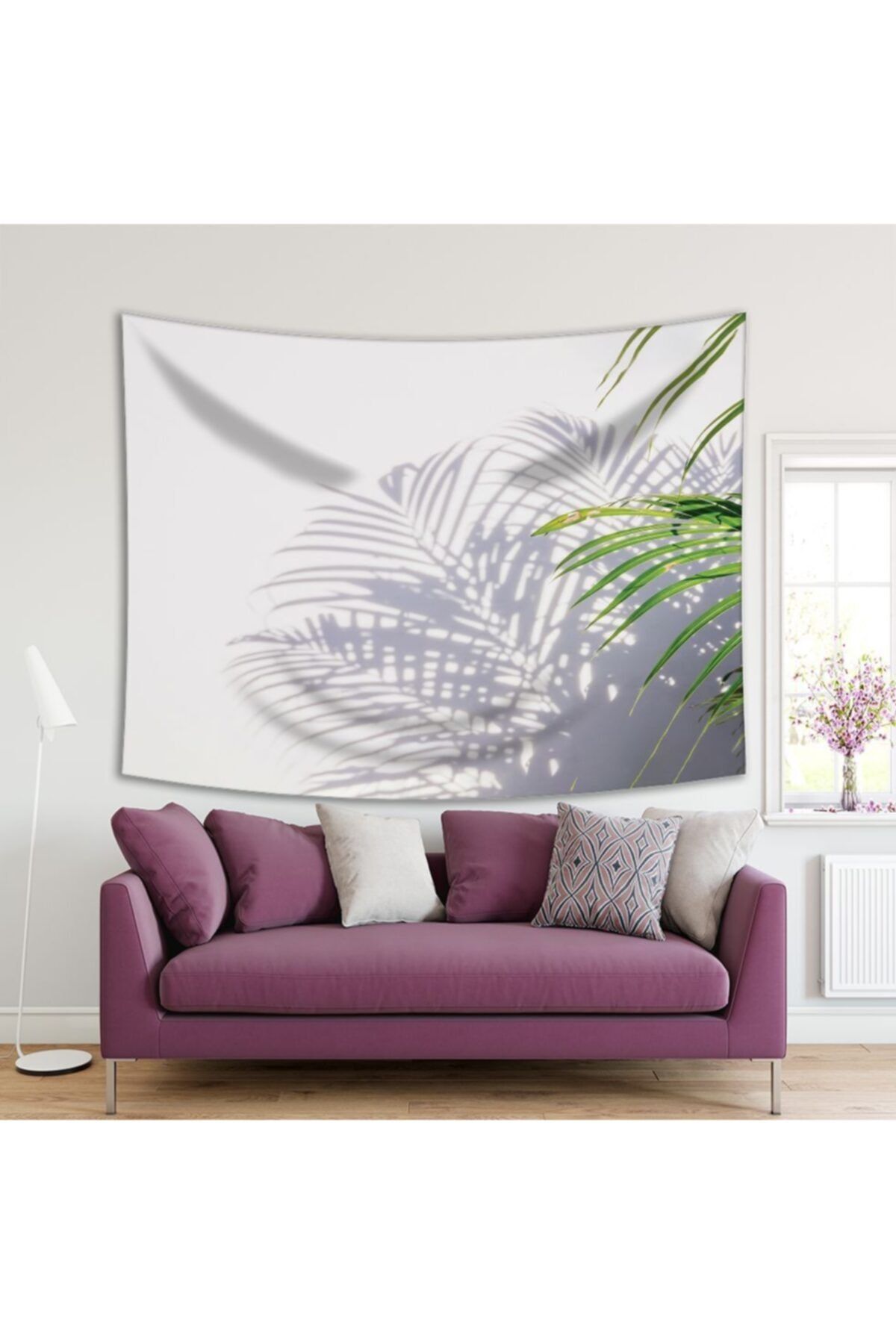 Henge Home Baskılı Duvar Örtüsü Beyaz Duvarda Palmiye Yaprak Gölge Desenli