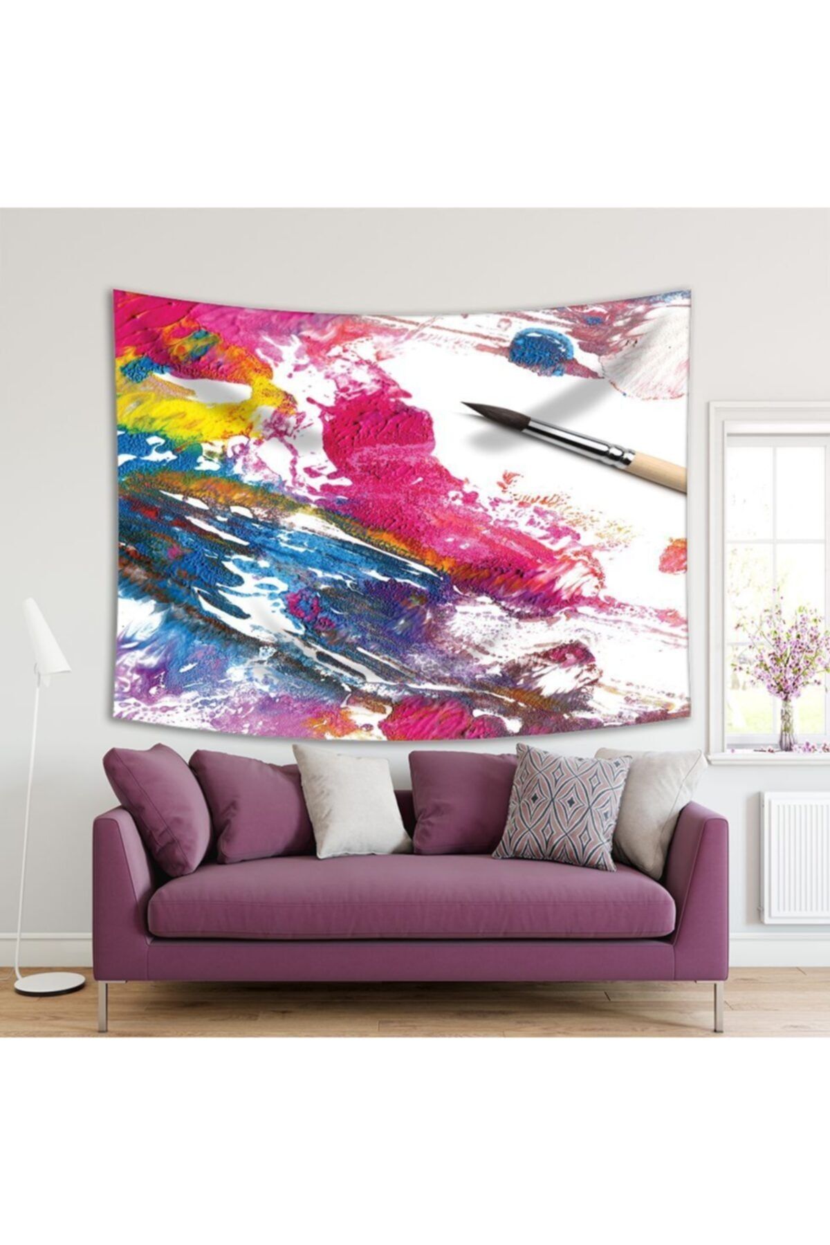 Henge Home Baskılı Duvar Örtüsü Soyut Fırça Akrılık Boya Desenli Pembe Mavi