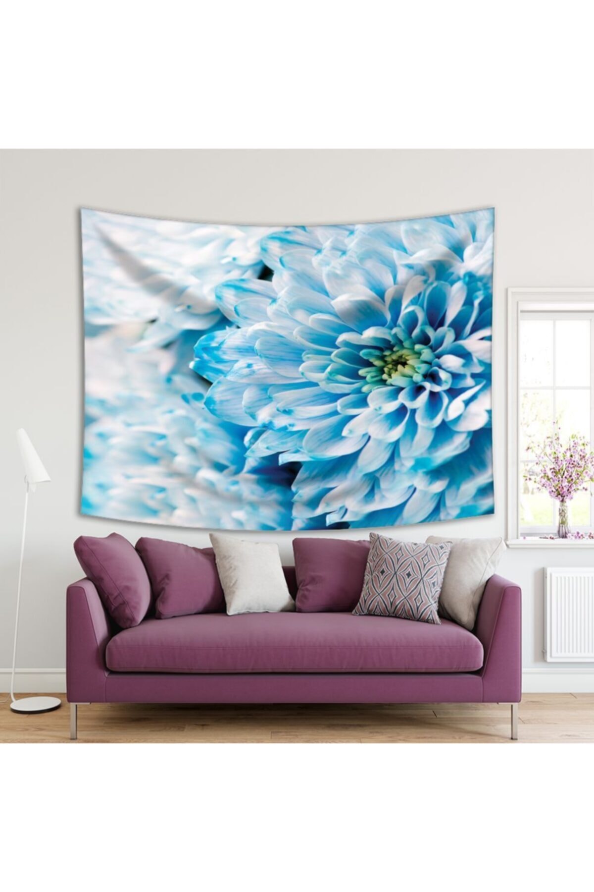Henge Home Baskılı Duvar Örtüsü Mavi Kasımpatı Çiçekli Desenli