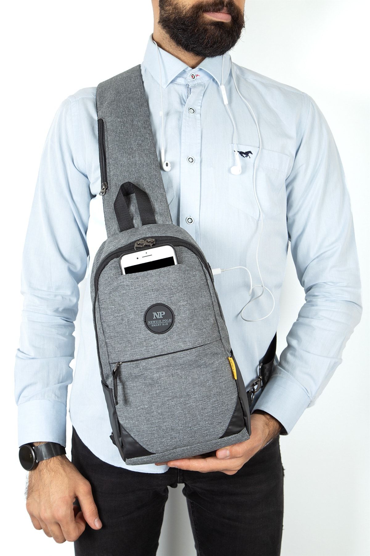 Newish Bady Bag Çok Gözlü Usb Girişli Çapraz Çanta (gri)