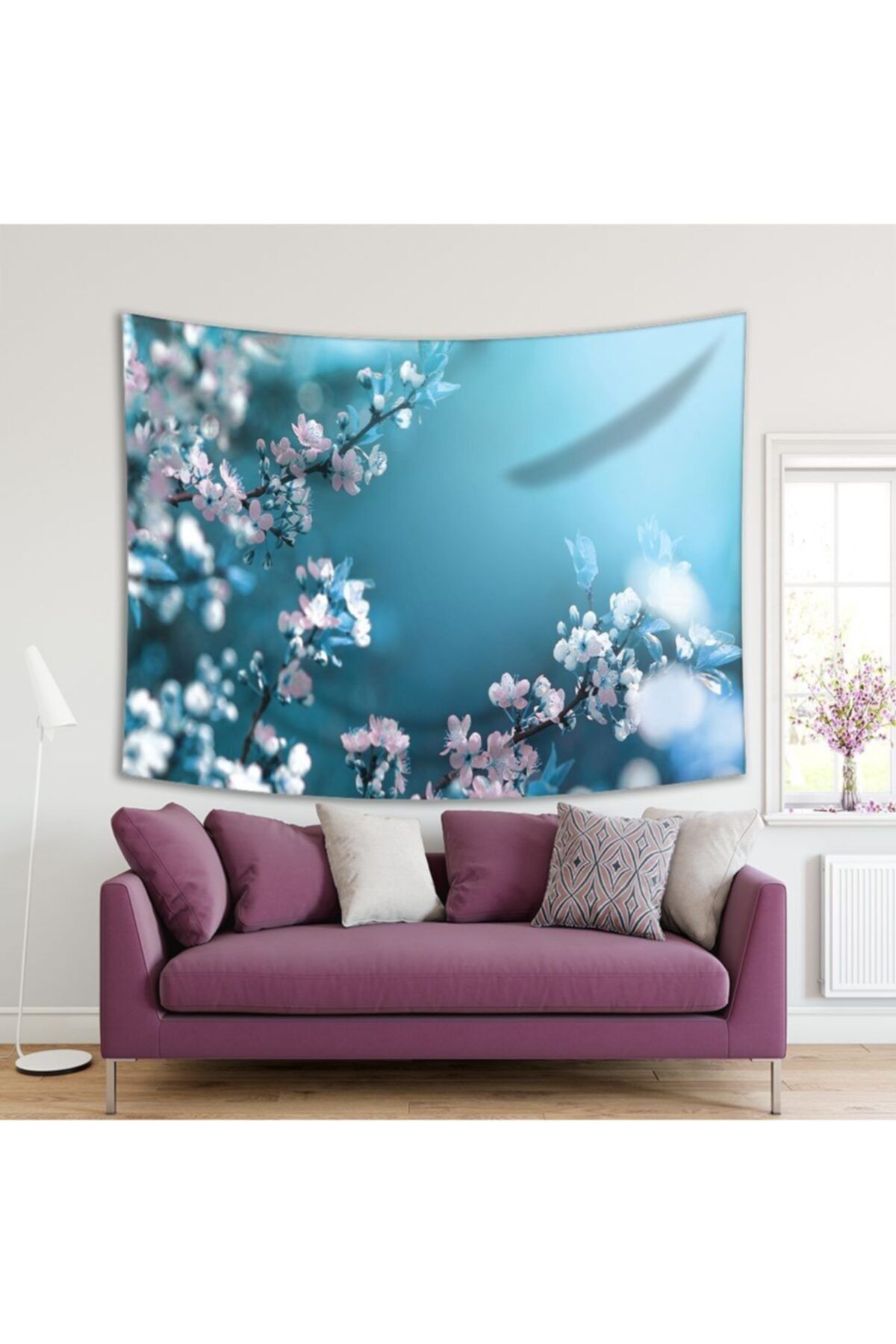 Henge Home Baskılı Duvar Örtüsü Bahar Manzaralı Mavi Ve Pembe Tonlu Çiçek Desenli