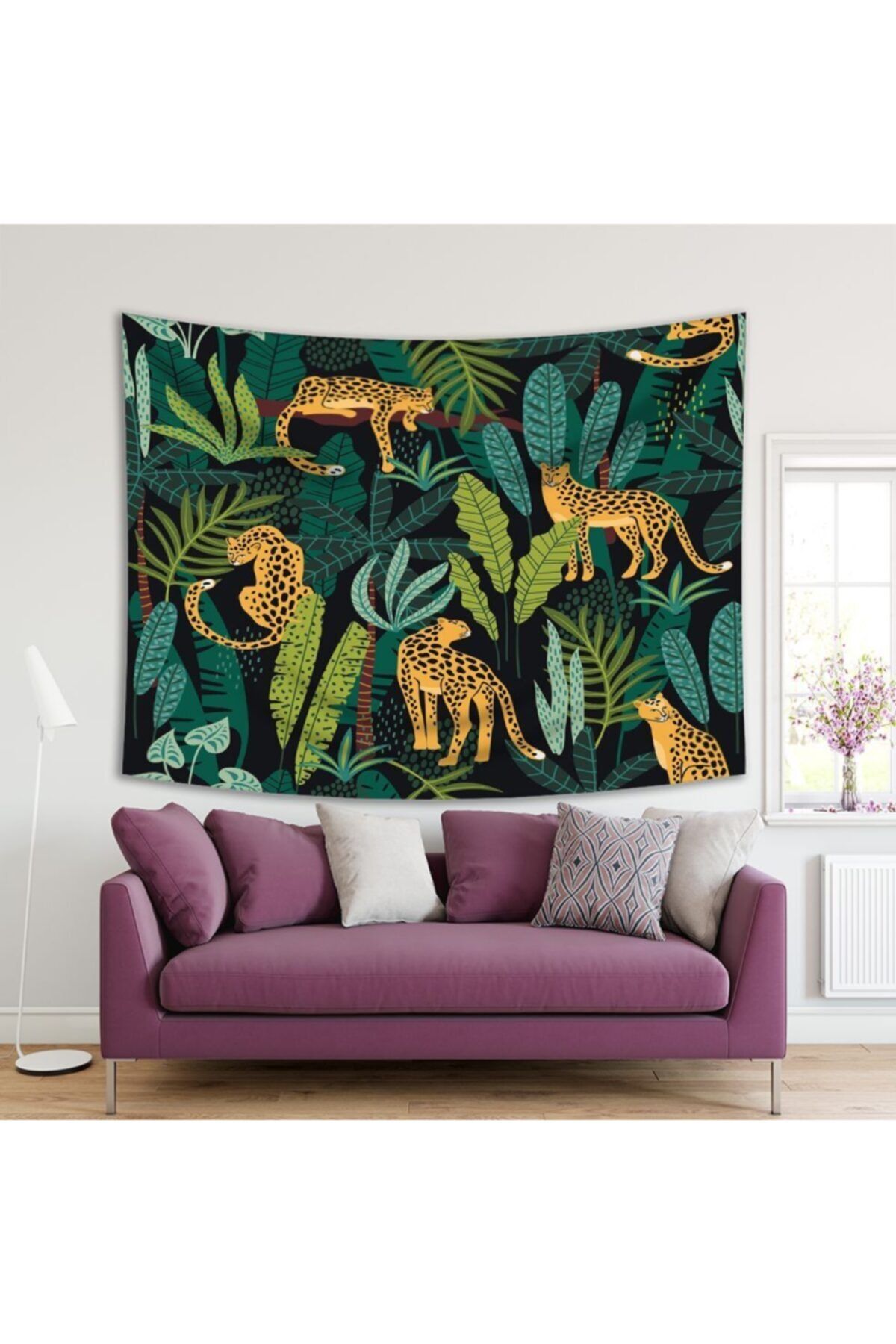 Henge Home Baskılı Duvar Örtüsü Yeşil Tonlu Yapraklar Ve Leoparlı Kaplan Desenli