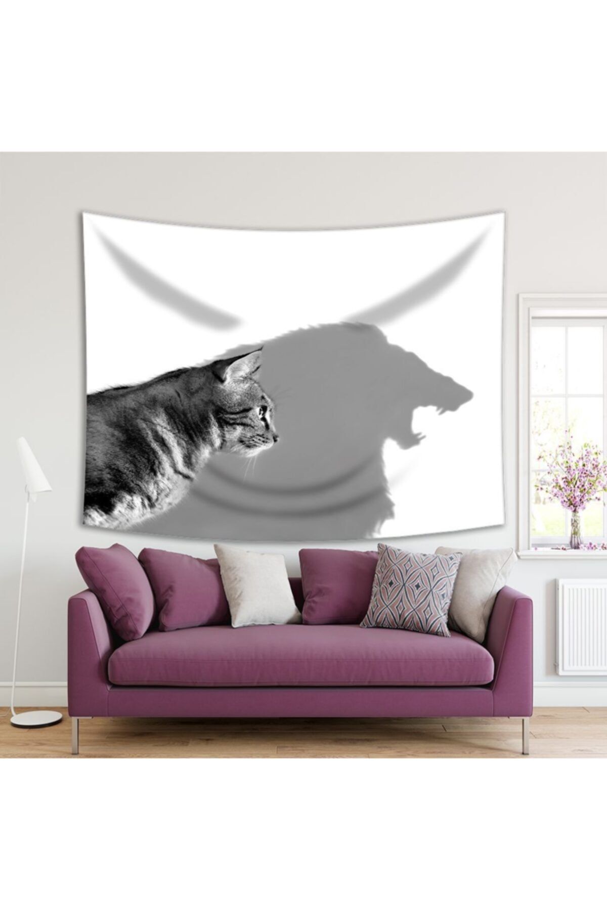 Henge Home Baskılı Duvar Örtüsü Kedi Aslan Gölge Desenli Siyah Beyaz