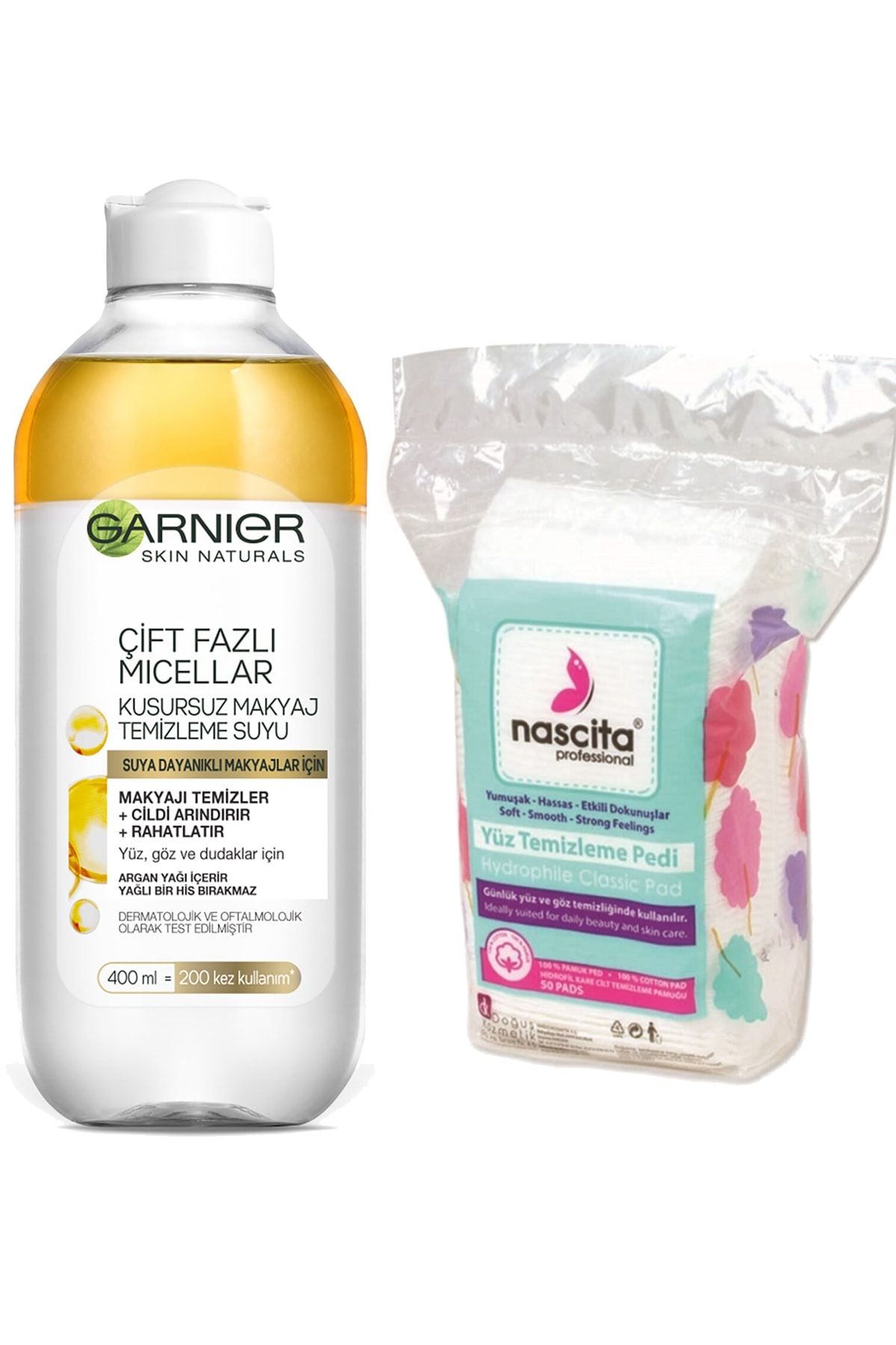 Garnier Micellar Çift Fazlı Kusursuz Makyaj Temizleme Suyu 400ml+nascita 50' Li Yüz Temizleme Pedi