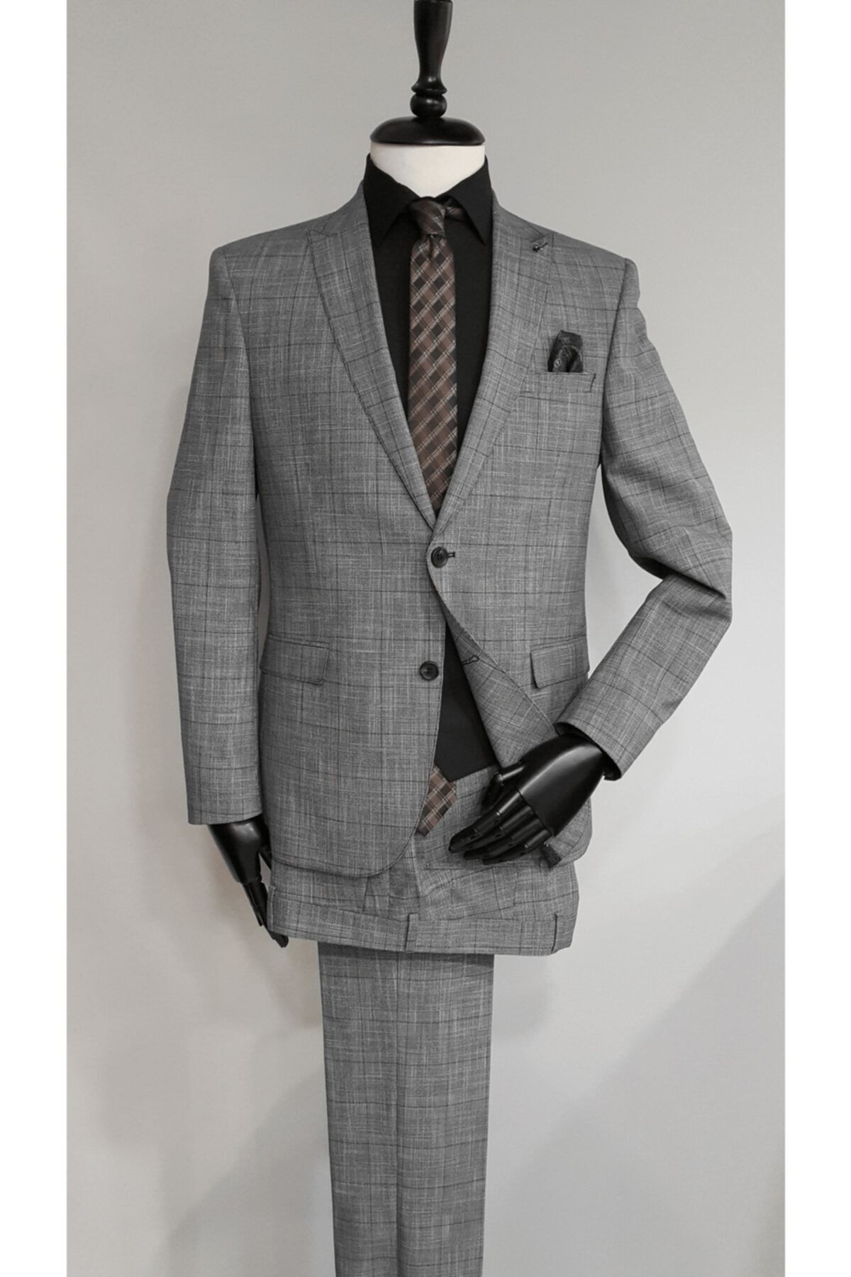 TREND&LİFE Erkek Gri Kareli Regular Fit Sivri Yaka 4 Drop Business Class Yelekli Takım Elbise