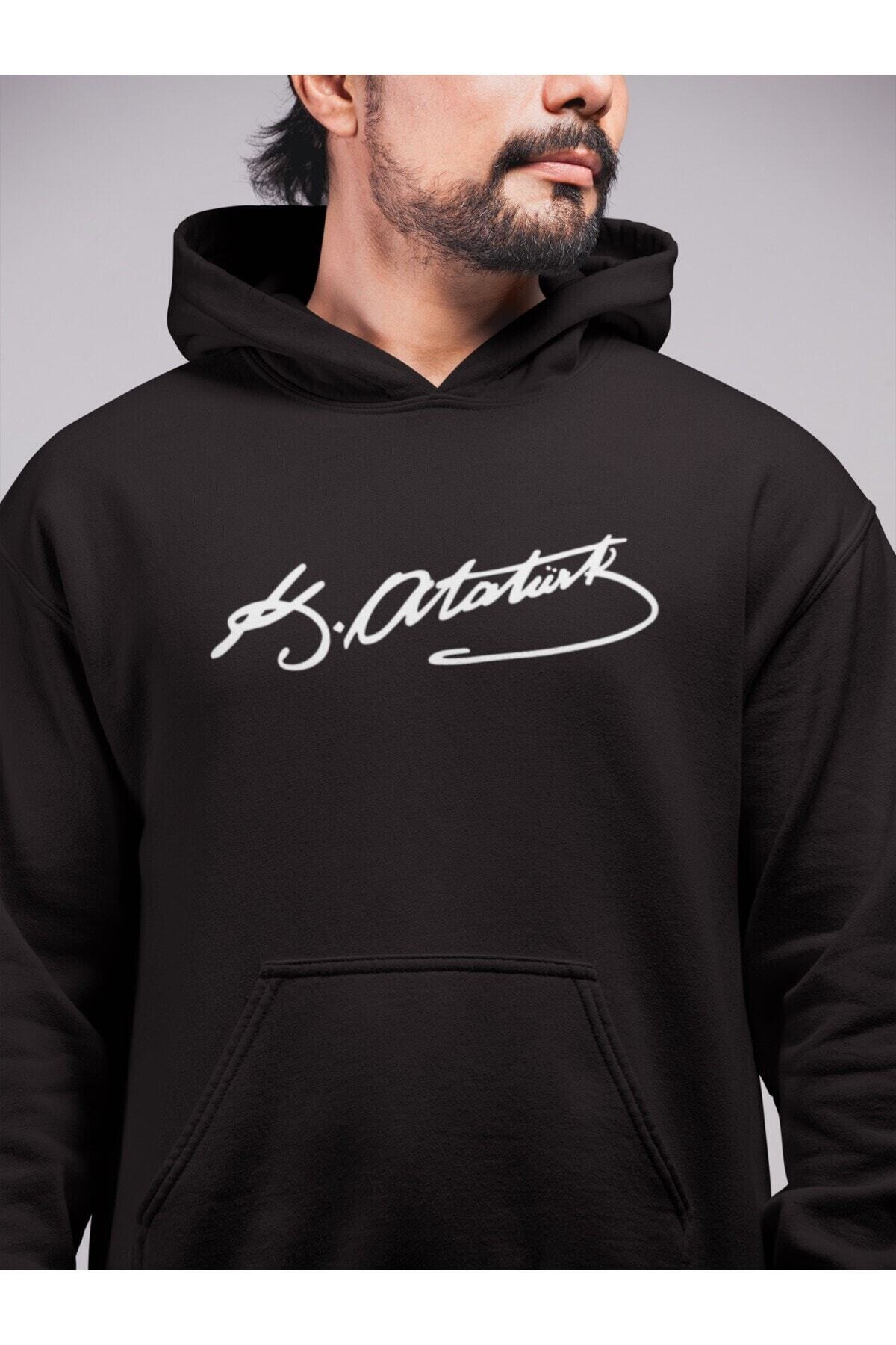 KasabaShop Atatürk Imzalı Dijital Baskılı Siyah Kapüşonlu Sweatshirt