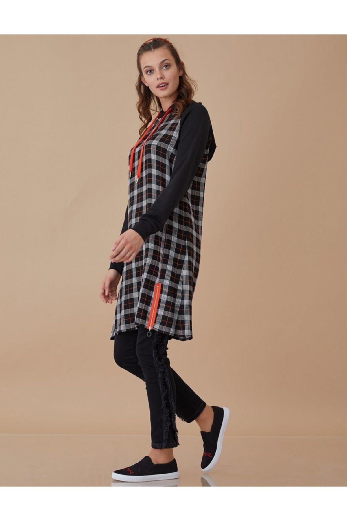 Kayra Kapşonlu Ekose Tunik Siyah A8 21226