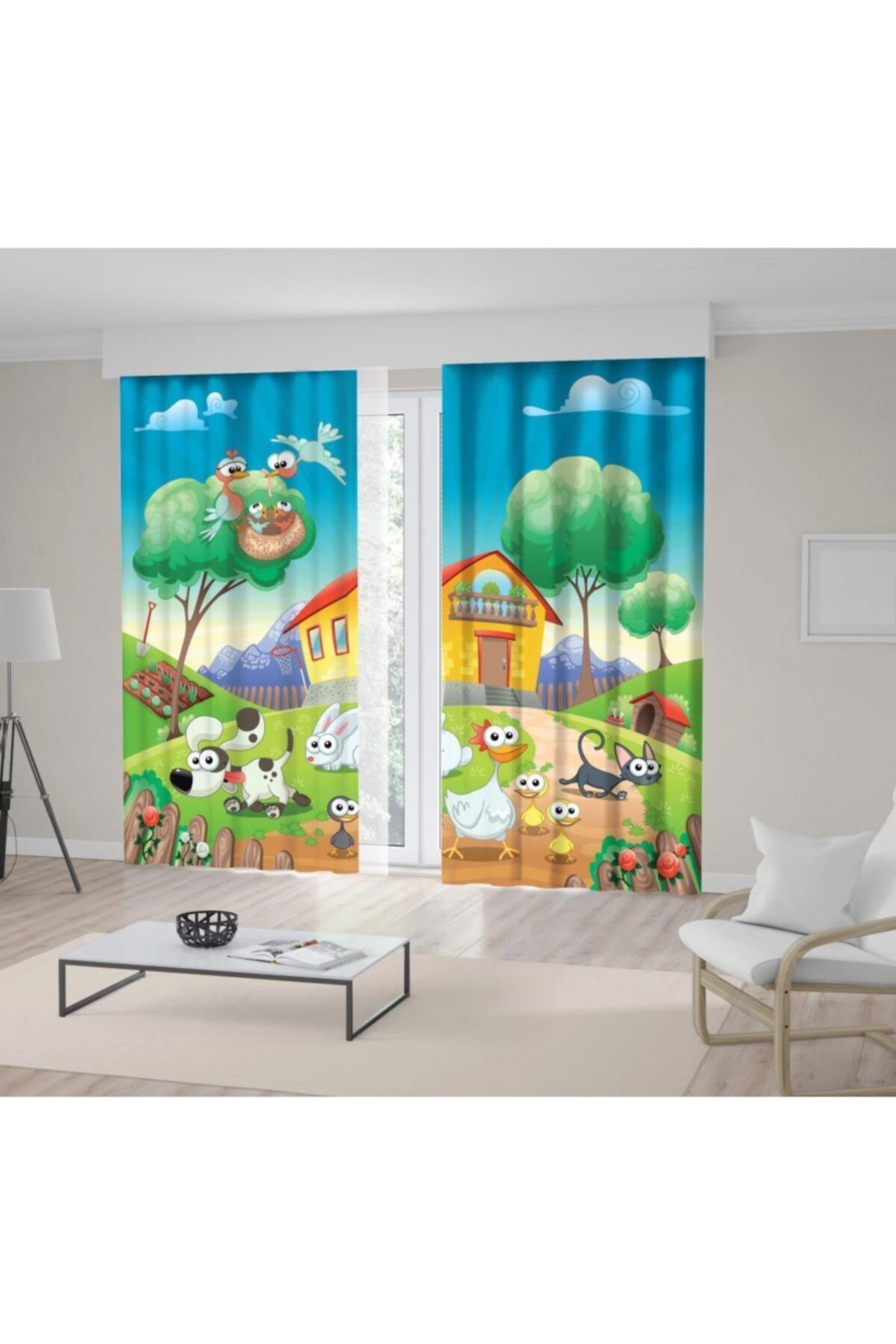 Henge Home Çocuklar İçin Çiftlik Hayvan Desenli Fon Perde