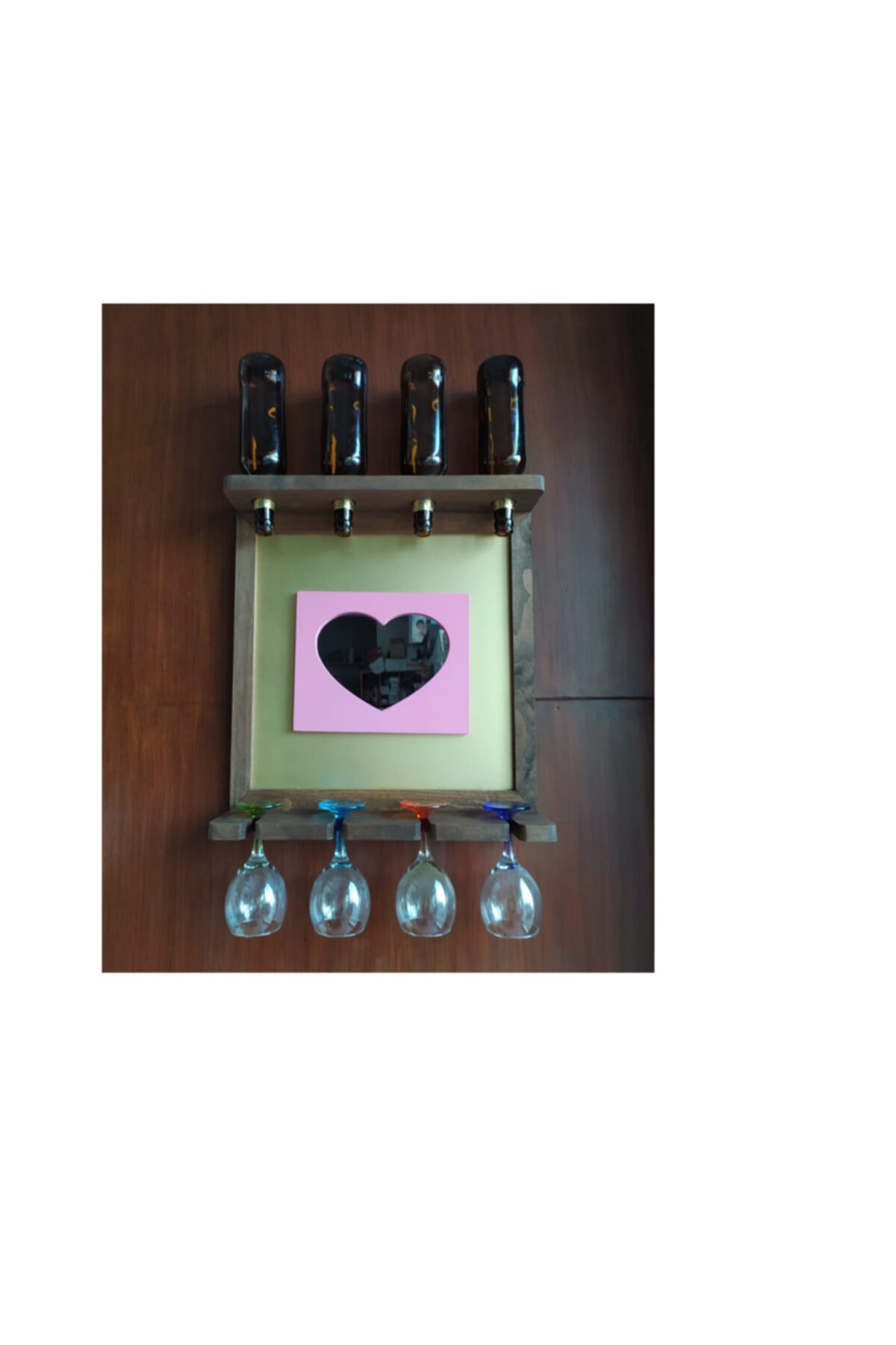 Bahat Aynalı Kalpli Ahşap Bardak Askısı 44x50 cm