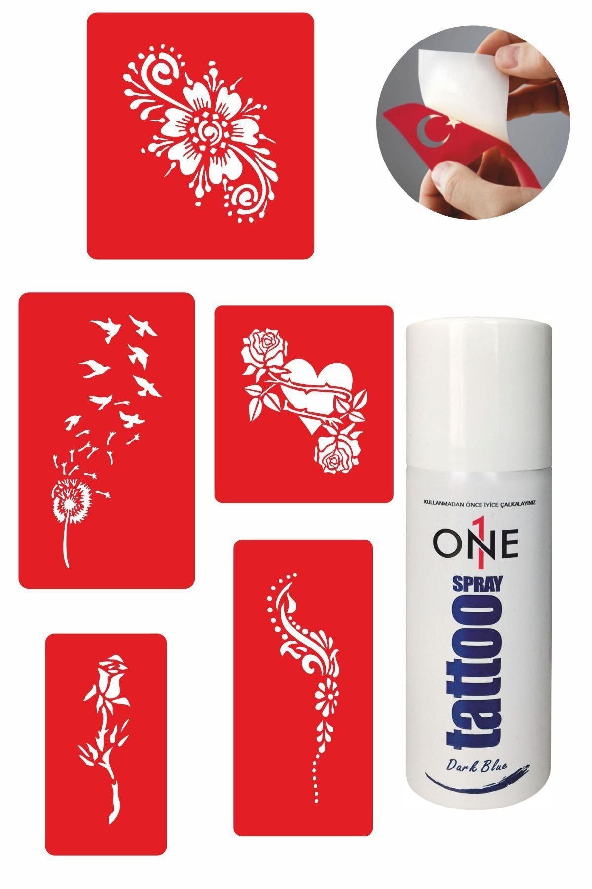 ONE SPRAY TATTOO Gül Ve Kalp Dövme Seti Dark Blue Sprey Ve 5 Desen 7709625