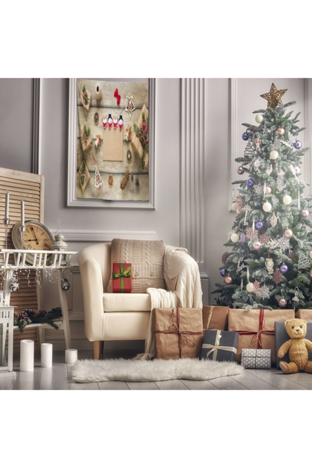 Henge Home Baskılı Duvar Örtüsü Ahşap Masa Noel Yılbaşı Hediye Paketleri Hazırlama
