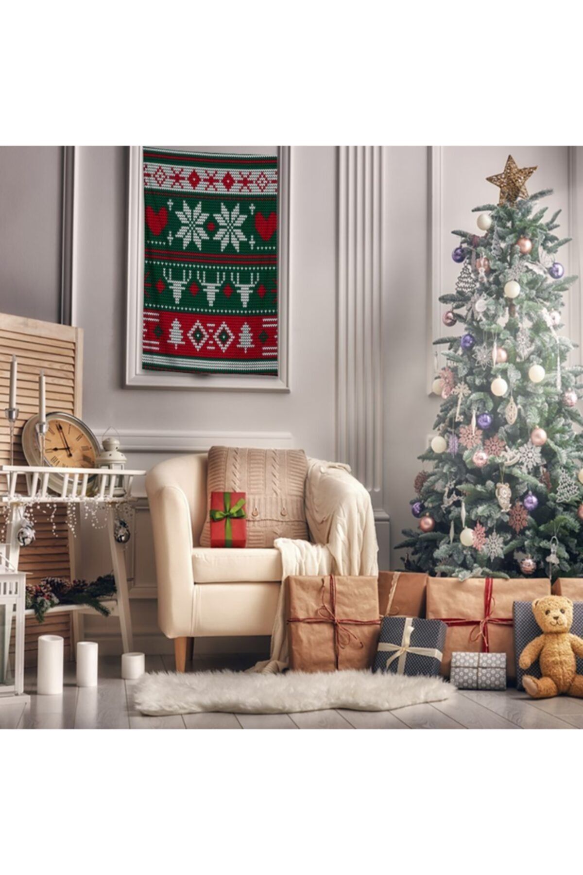 Henge Home Baskılı Duvar Örtüsü Yılbaşı Noel Geyikli Örgü Desen Yeşil Kırmızı Beyaz