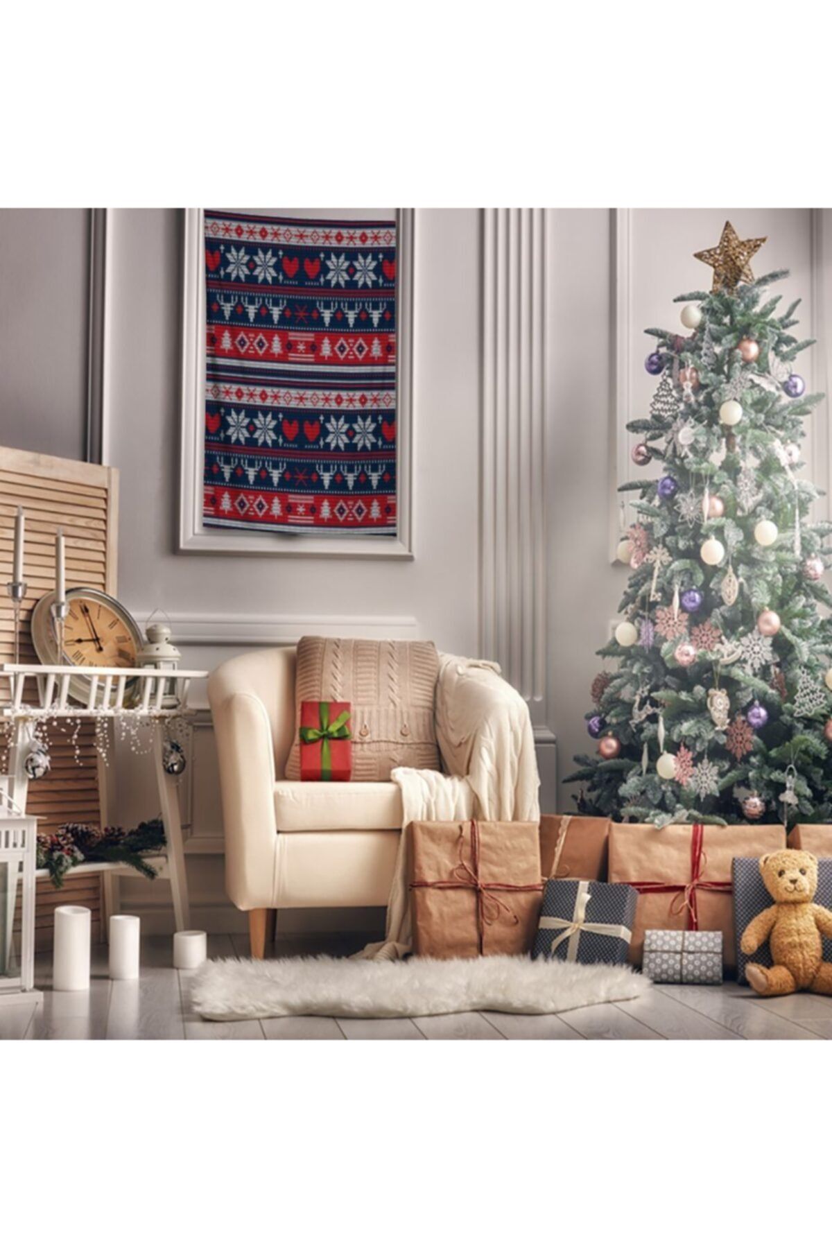 Henge Home Baskılı Duvar Örtüsü Yılbaşı Noel Geyikli Örgü Desen Laci Kırmızı Beyaz