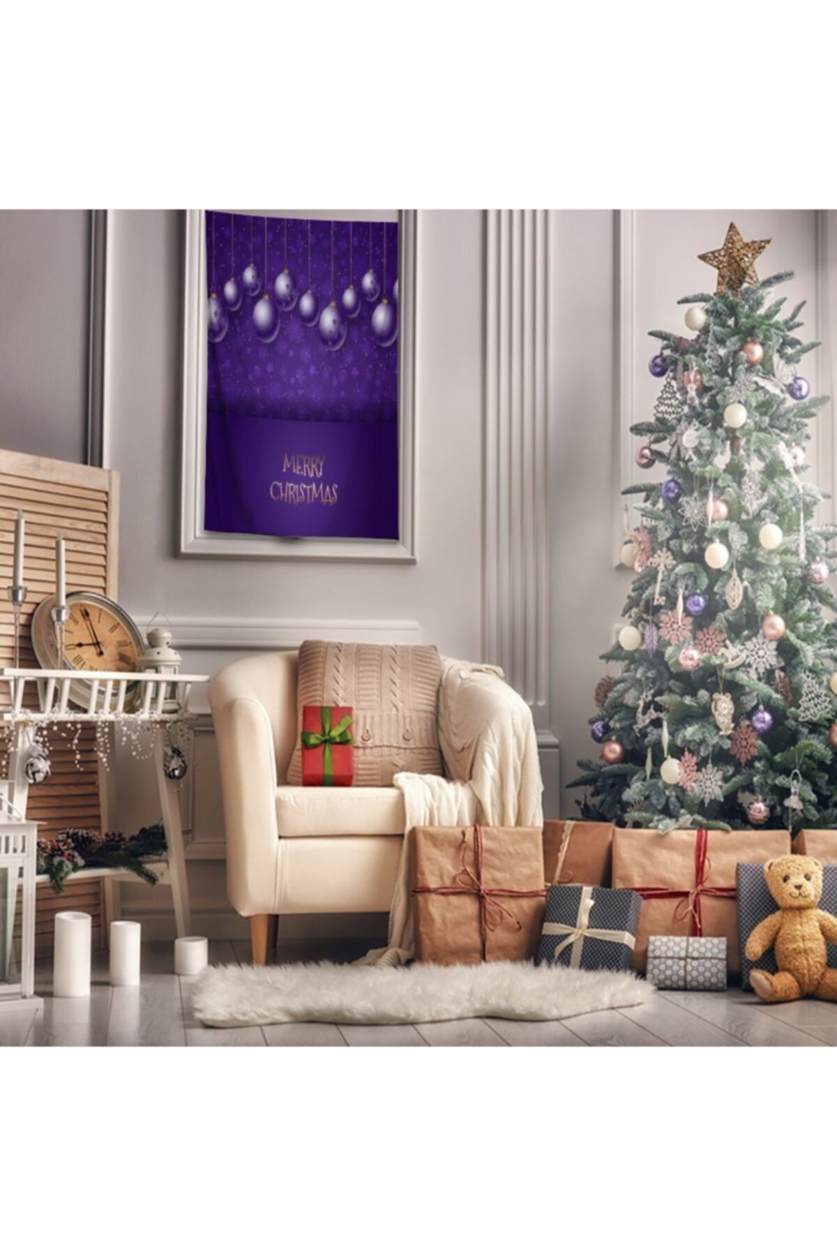 Henge Home Baskılı Duvar Örtüsü Mor Lila Yılbaşı Süsleri Yıldızlar ile Mutlu Noeller