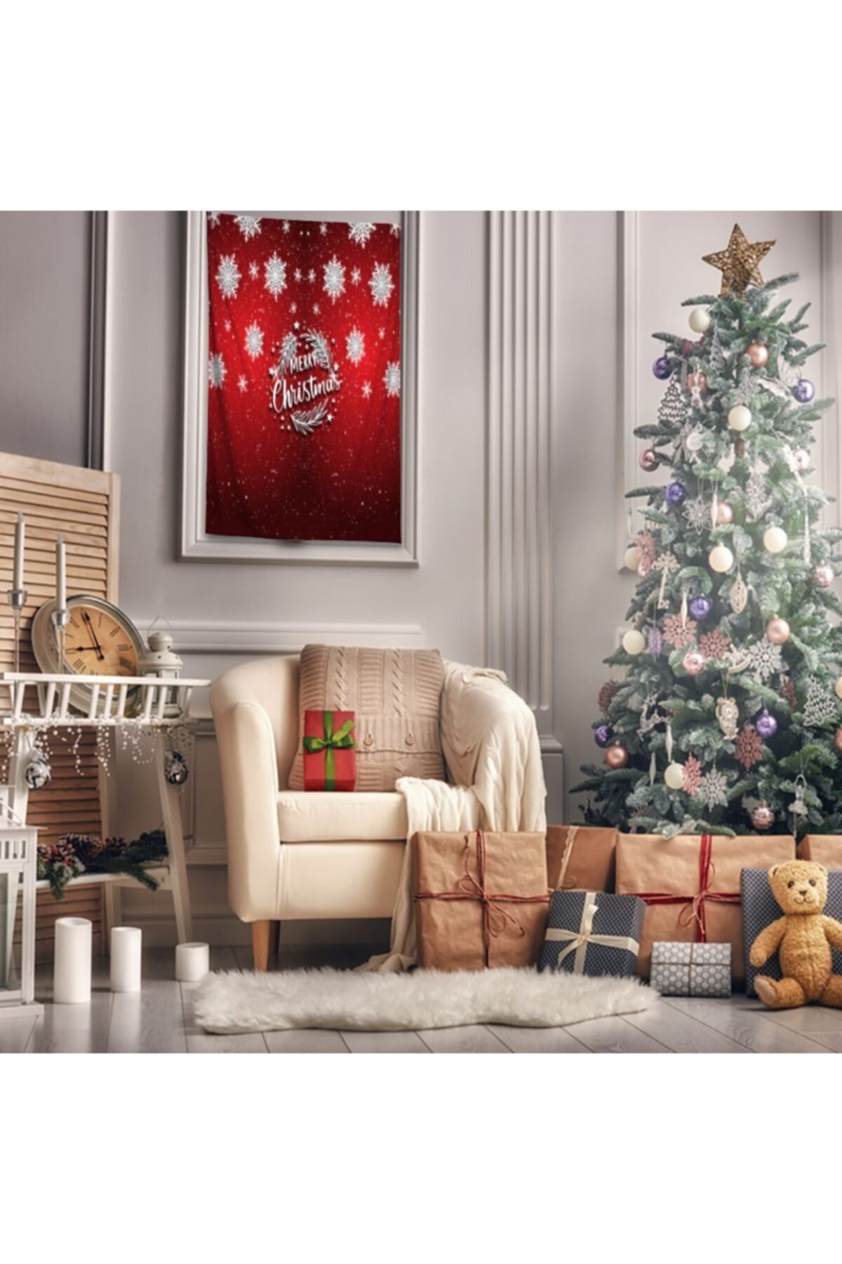 Henge Home Baskılı Duvar Örtüsü Kırmızı Zemin Beyaz Kar Taneleri Mutlu Noeller