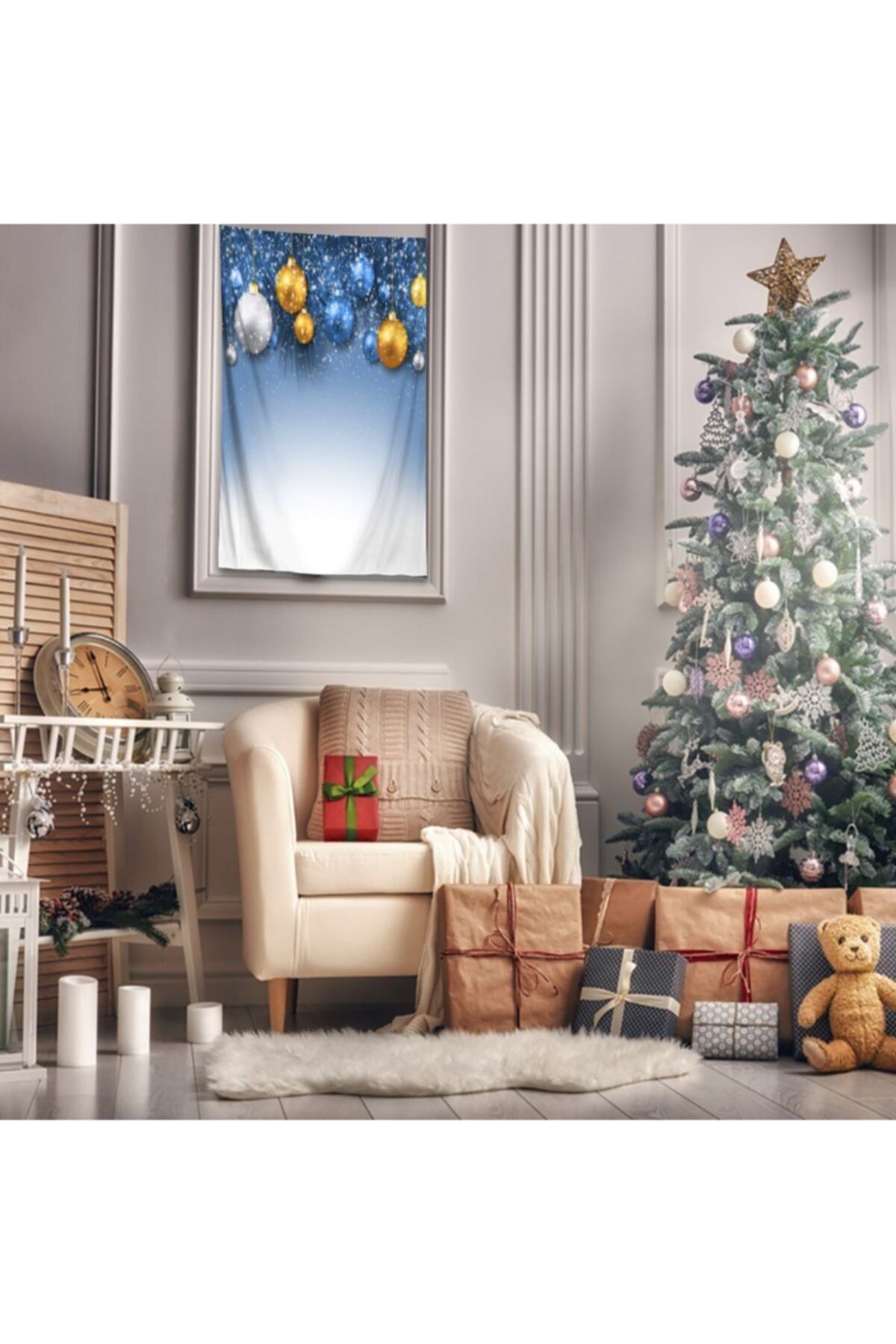 Henge Home Baskılı Duvar Örtüsü Hediye Noel Dekorasyonlu İle Yılbaşı Topları Mavi