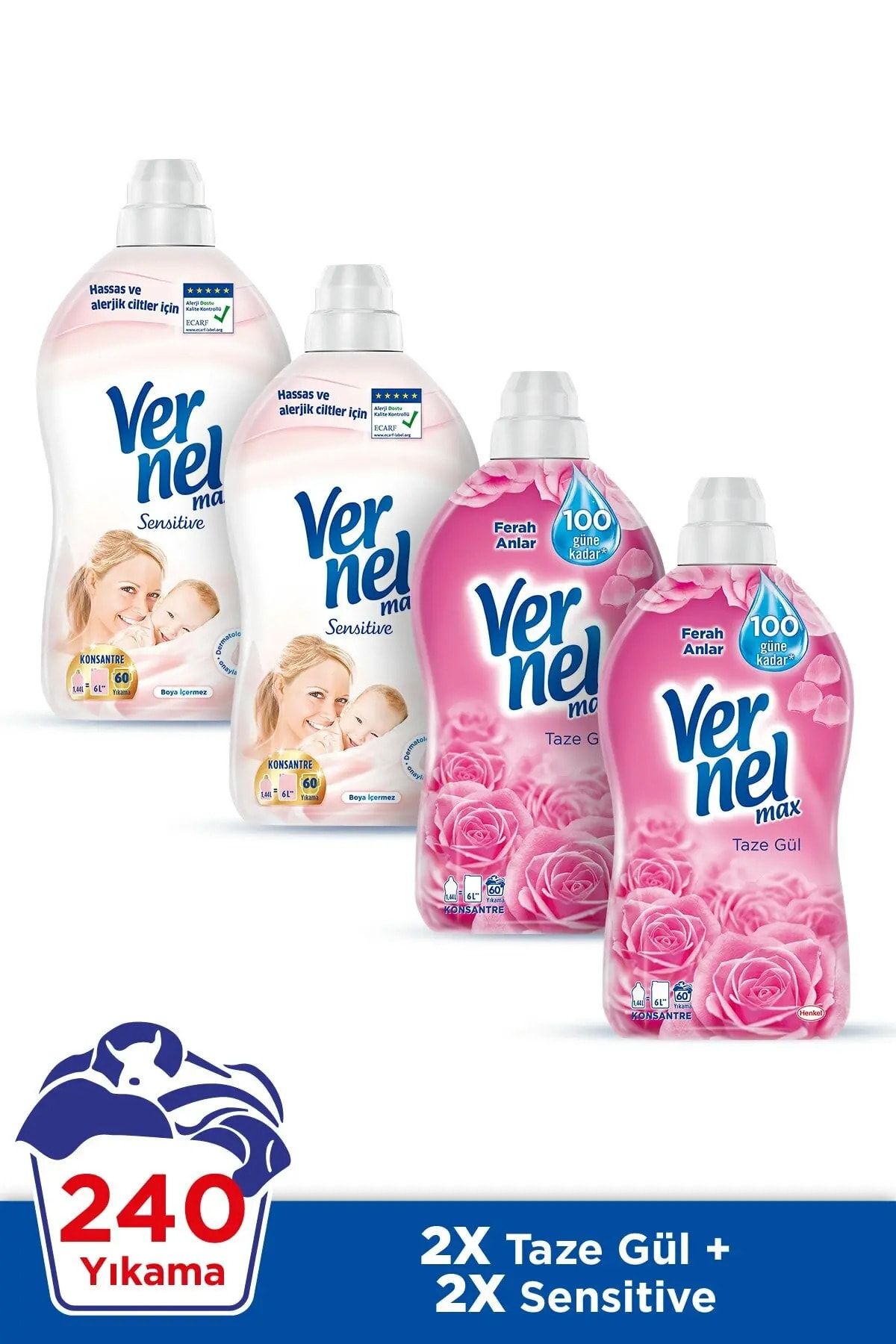 Vernel Max Konsantre Çamaşır Yumuşatıcısı 4 x 1440ml (240 Yıkama) 2 Taze Gül + 2 Sensitive