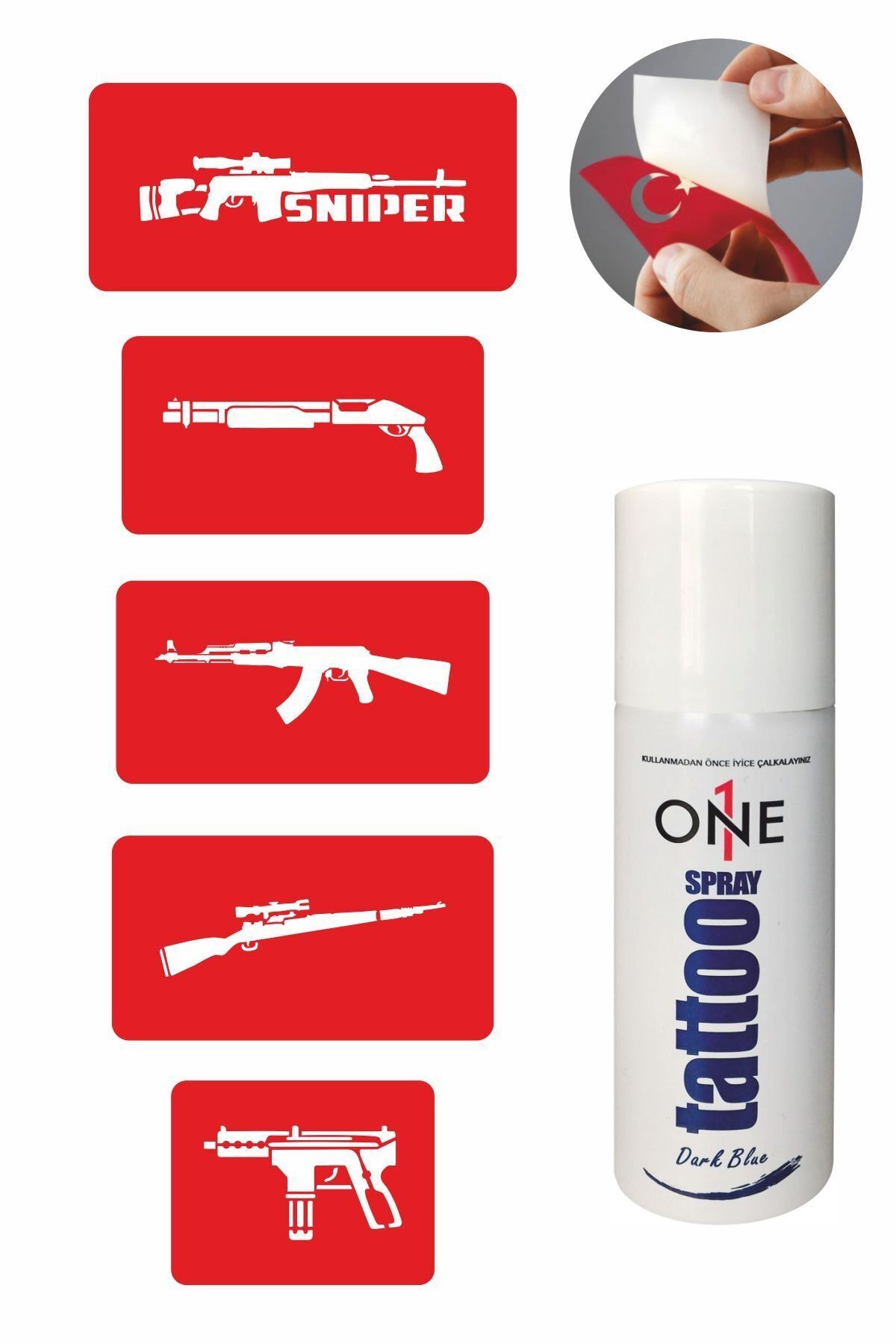 ONE SPRAY TATTOO Silah Dövme Seti Dark Blue Sprey Ve 5 Desen 7711125