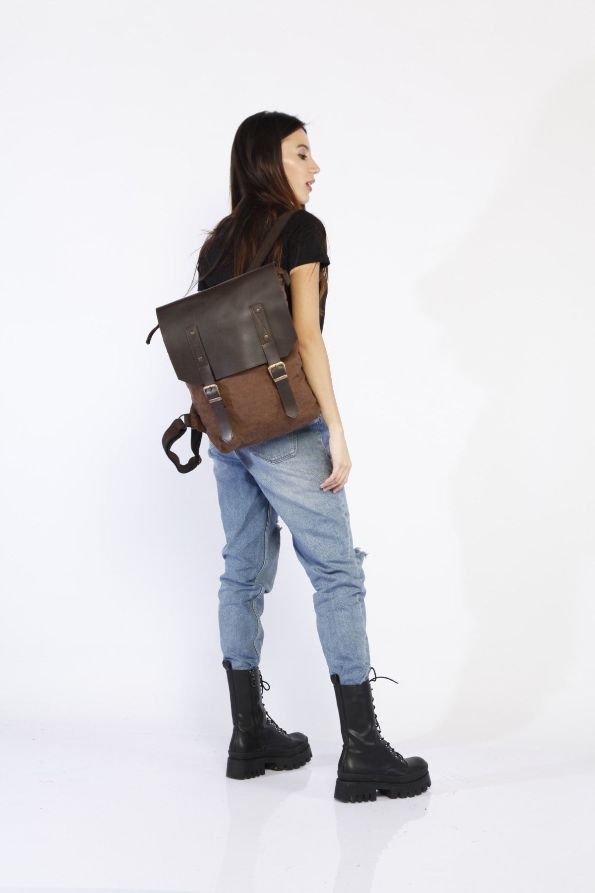 Street Bag Deri Kapaklı Sırt Çantası Kamp Çantası Okul Çantası Gezi Çantası