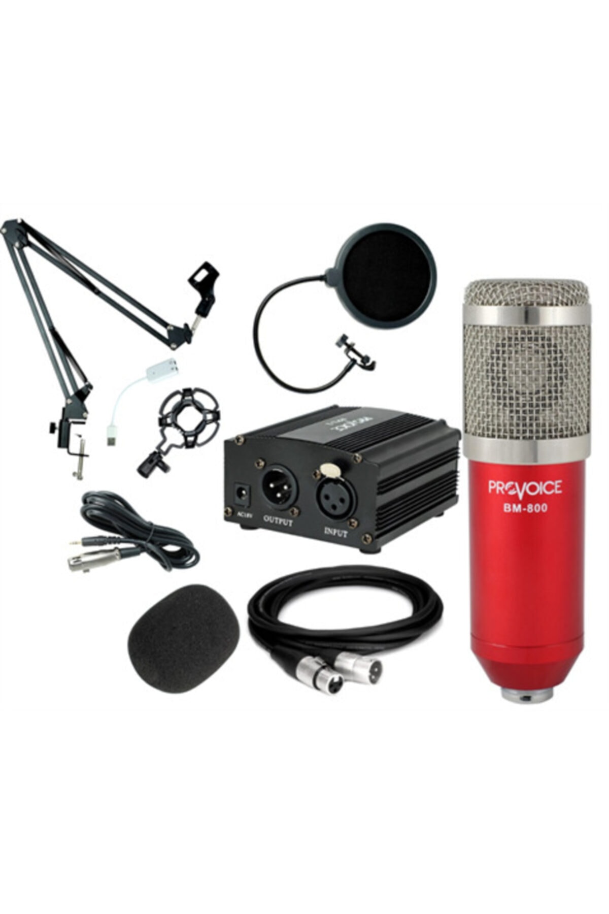 Provoice Bm800 Mikrofon+ Phantom+ Stand+ Filtre+ 7.1 Ses Kartı Youtuber Kayıt Seti Kırmızı