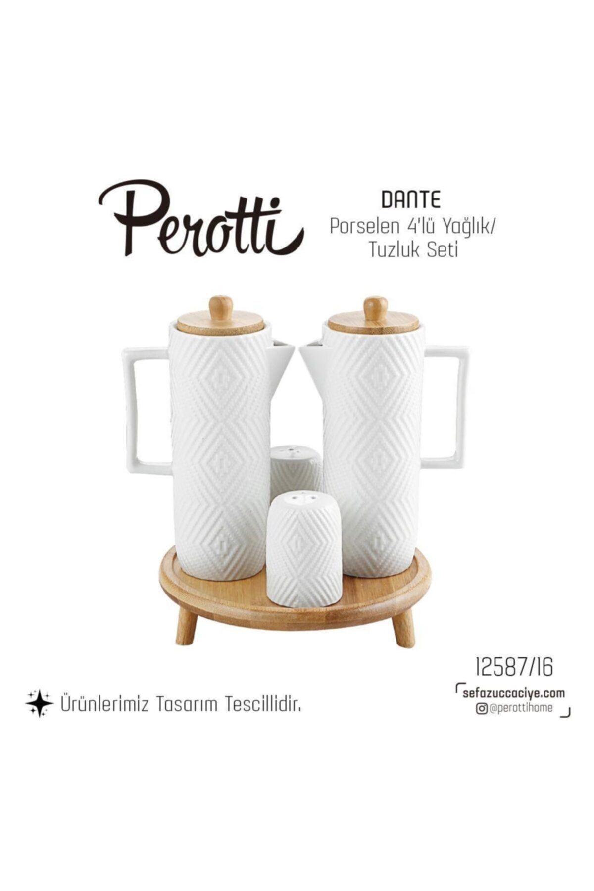 YzHome Dante Porselen Bambu Kapaklı 600 ml Yağlık Sirkelik Tuzluk Seti 4 Lü Set