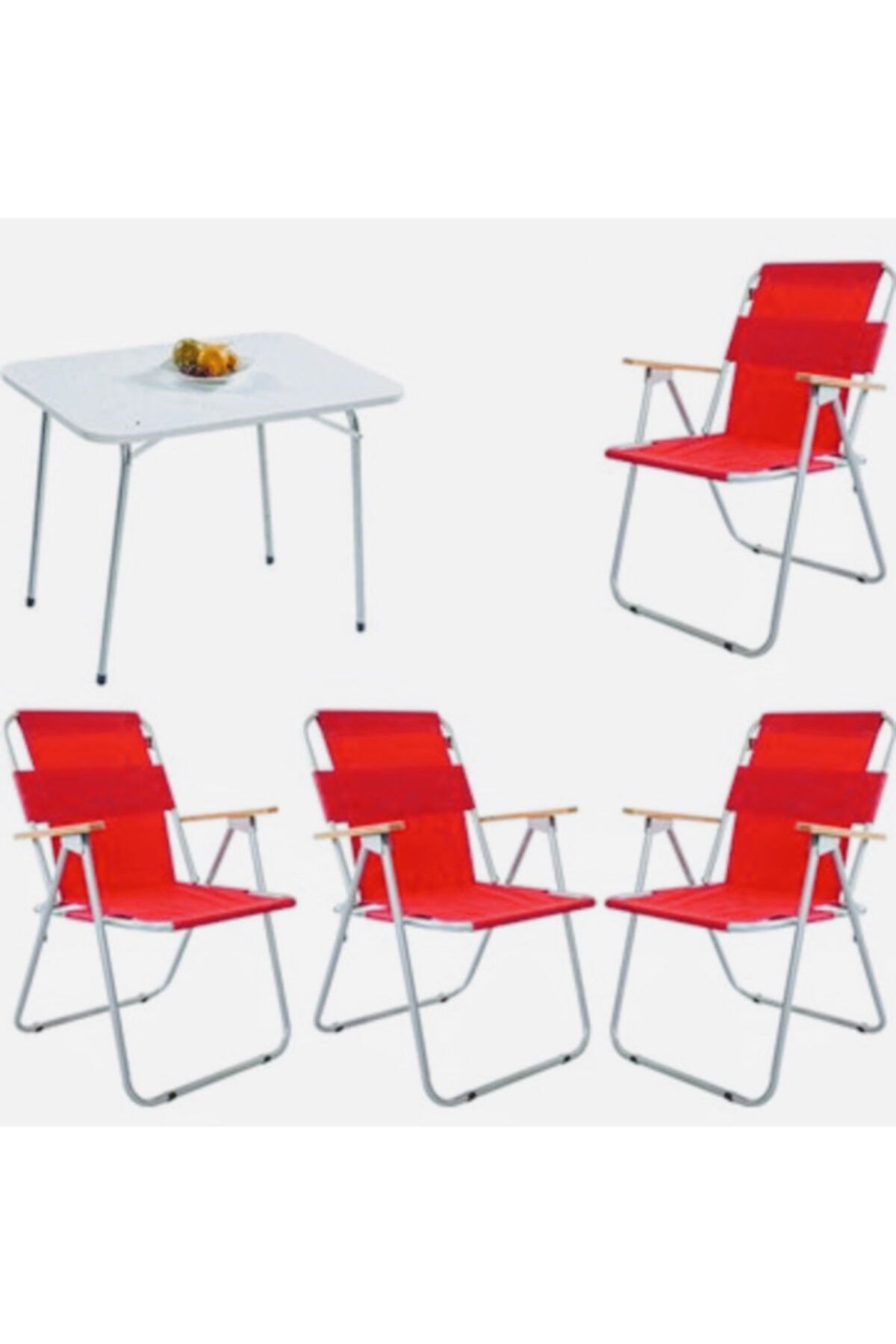 wood idea Kırmızı 60x80 Katlanır Masa + 4 Adet Katlanır Sandalye Kamp Seti