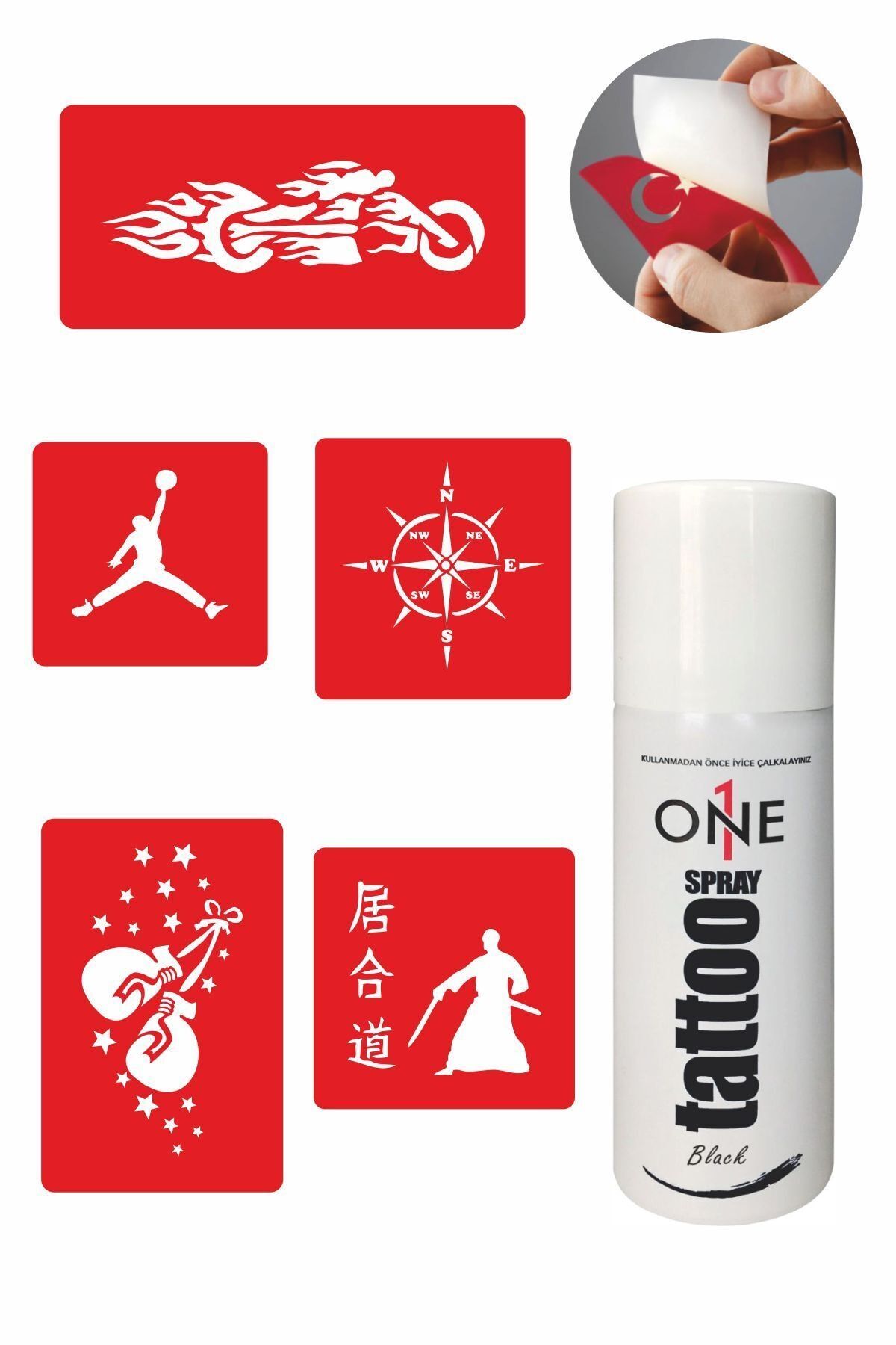 ONE SPRAY TATTOO Sporcu Dövme Seti Siyah Sprey Ve 5 Desen 7701615