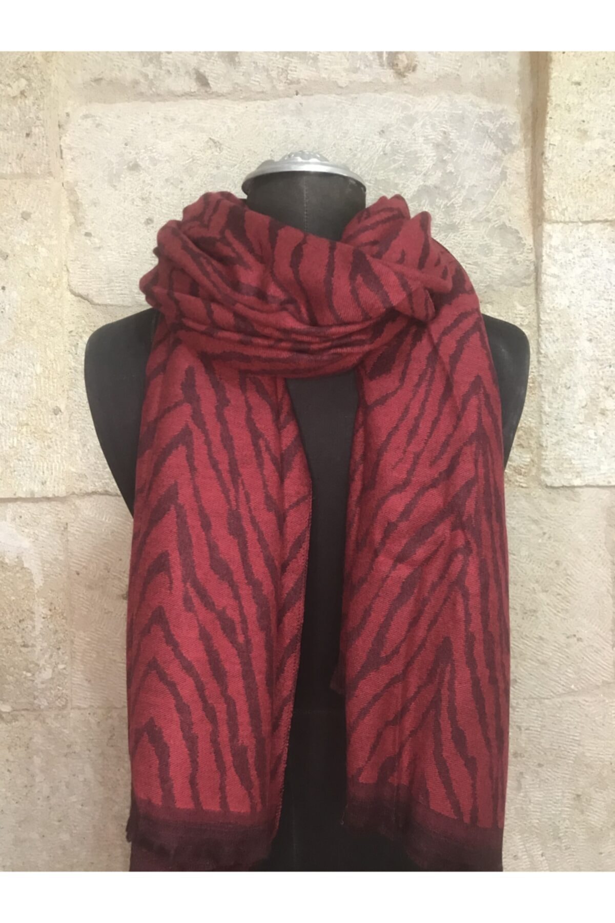 Ebru Sanat Evi Unisex Bordo Zebra Desenli Kaşmir Atkı-luxury Kaşmir Atkı